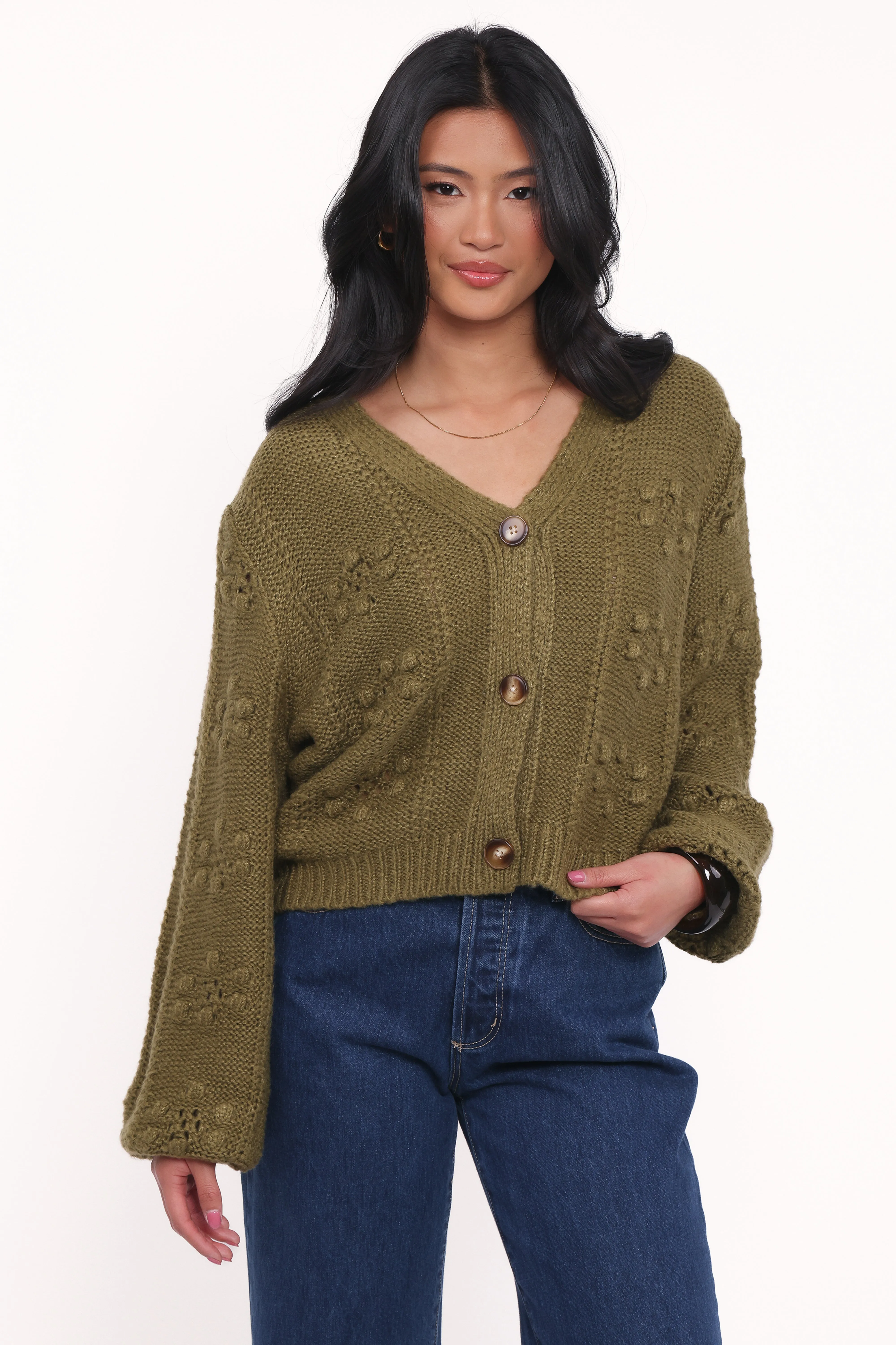 Melody Textured Button Up Cardigan - Olive sold by Petal & Pup