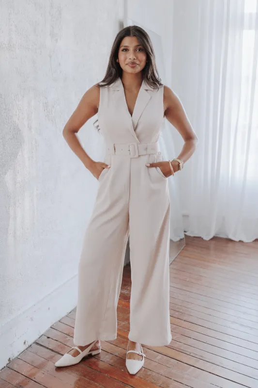 Sienna Belted Jumpsuit - Beige sold by Petal & Pup