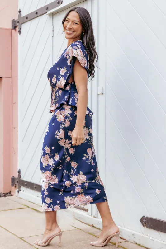 Kenna Satin Midi Skirt - Navy Floral sold by Petal & Pup