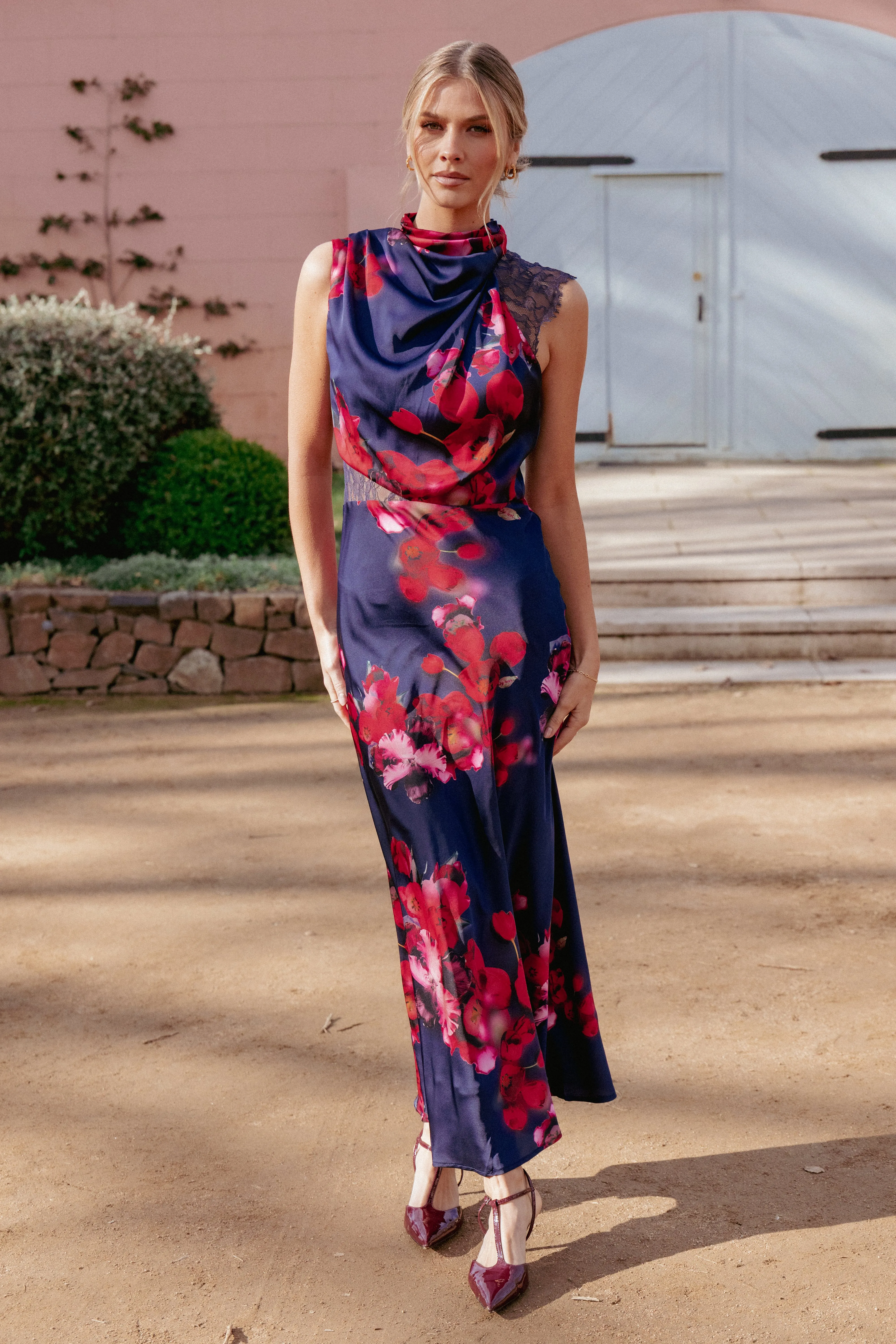 Anabelle Halter Neck Lace Maxi Dress - Navy Floral sold by Petal & Pup