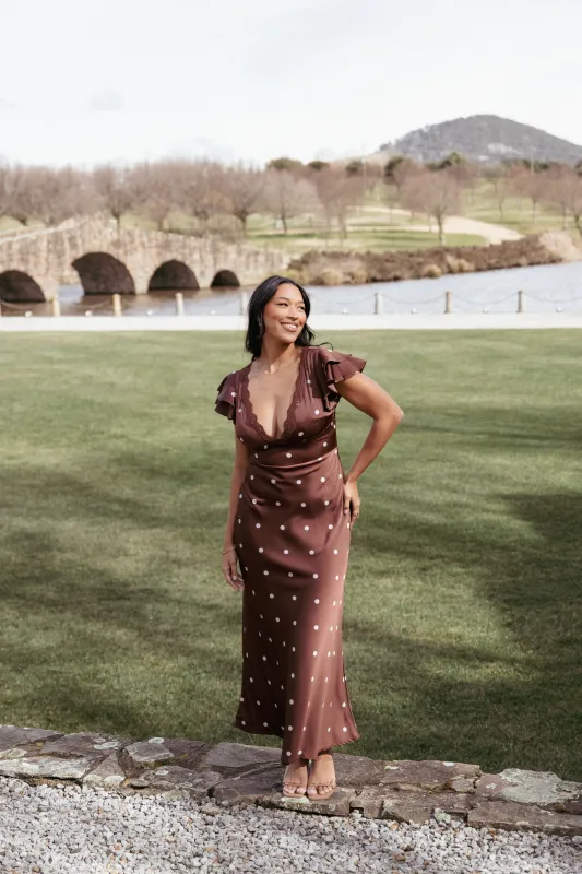 Arella Maxi Dress - Brown Polka Dot sold by Petal & Pup
