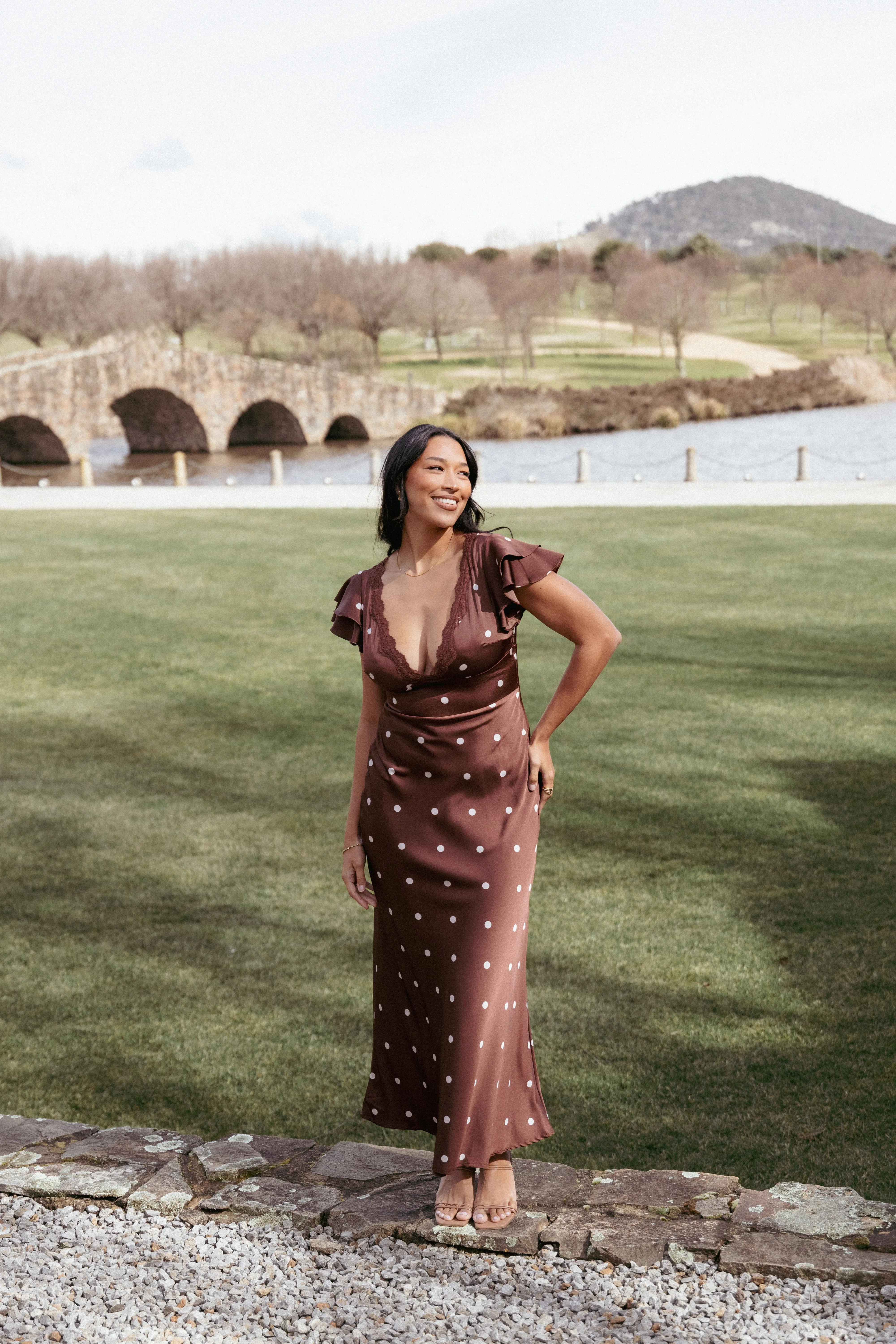 Arella Maxi Dress - Brown Polka Dot sold by Petal & Pup