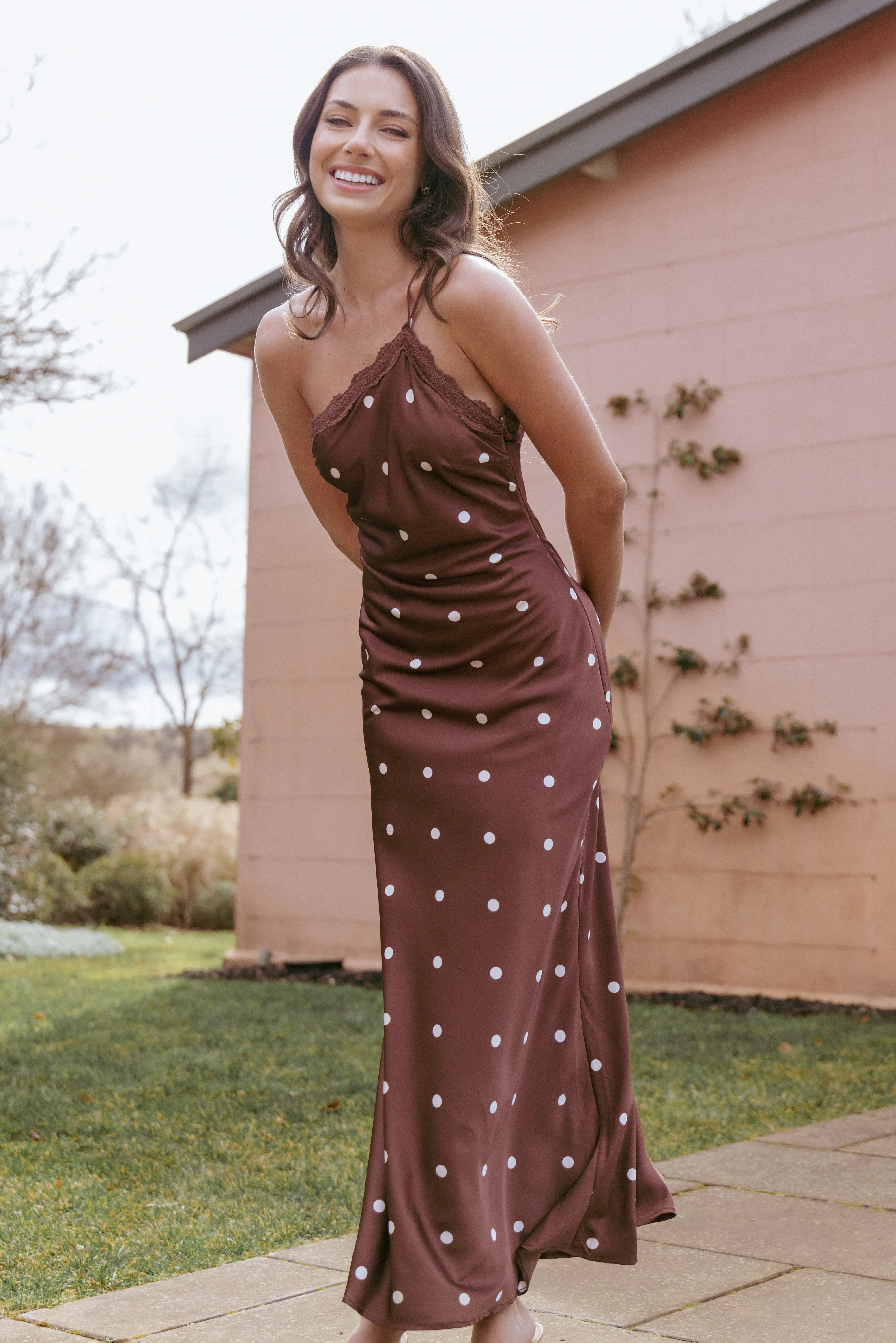 Anika Maxi Dress - Brown Polka Dot sold by Petal & Pup
