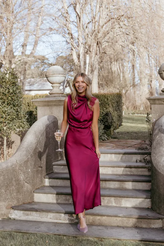 Anabelle Halter Neck Lace Maxi Dress - Berry sold by Petal & Pup