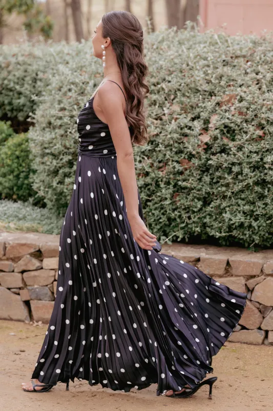 Naira Pleated Maxi Dress - Black Polka Dot sold by Petal & Pup