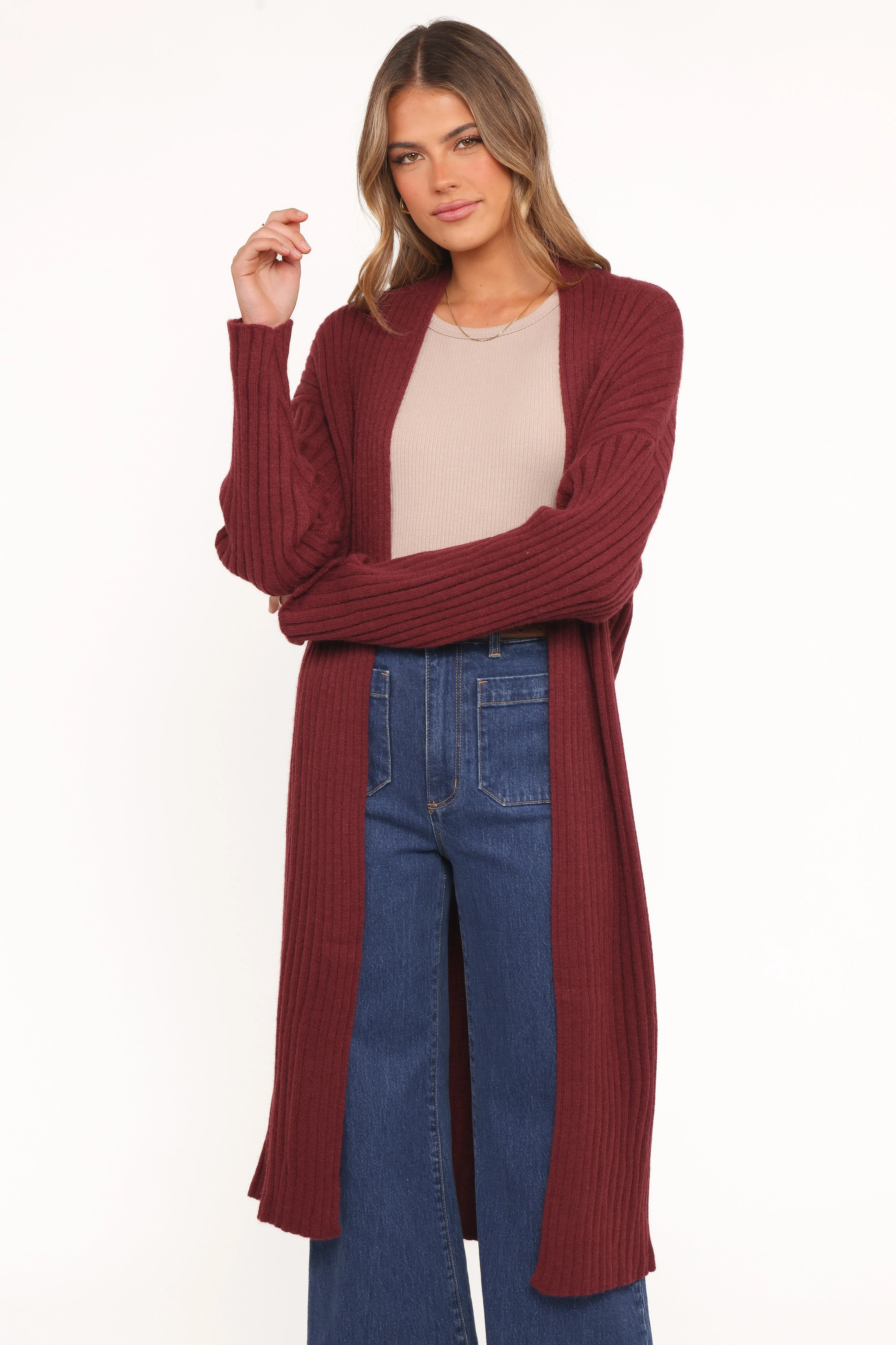 Jasmia Long Cardigan - Wine sold by Petal & Pup