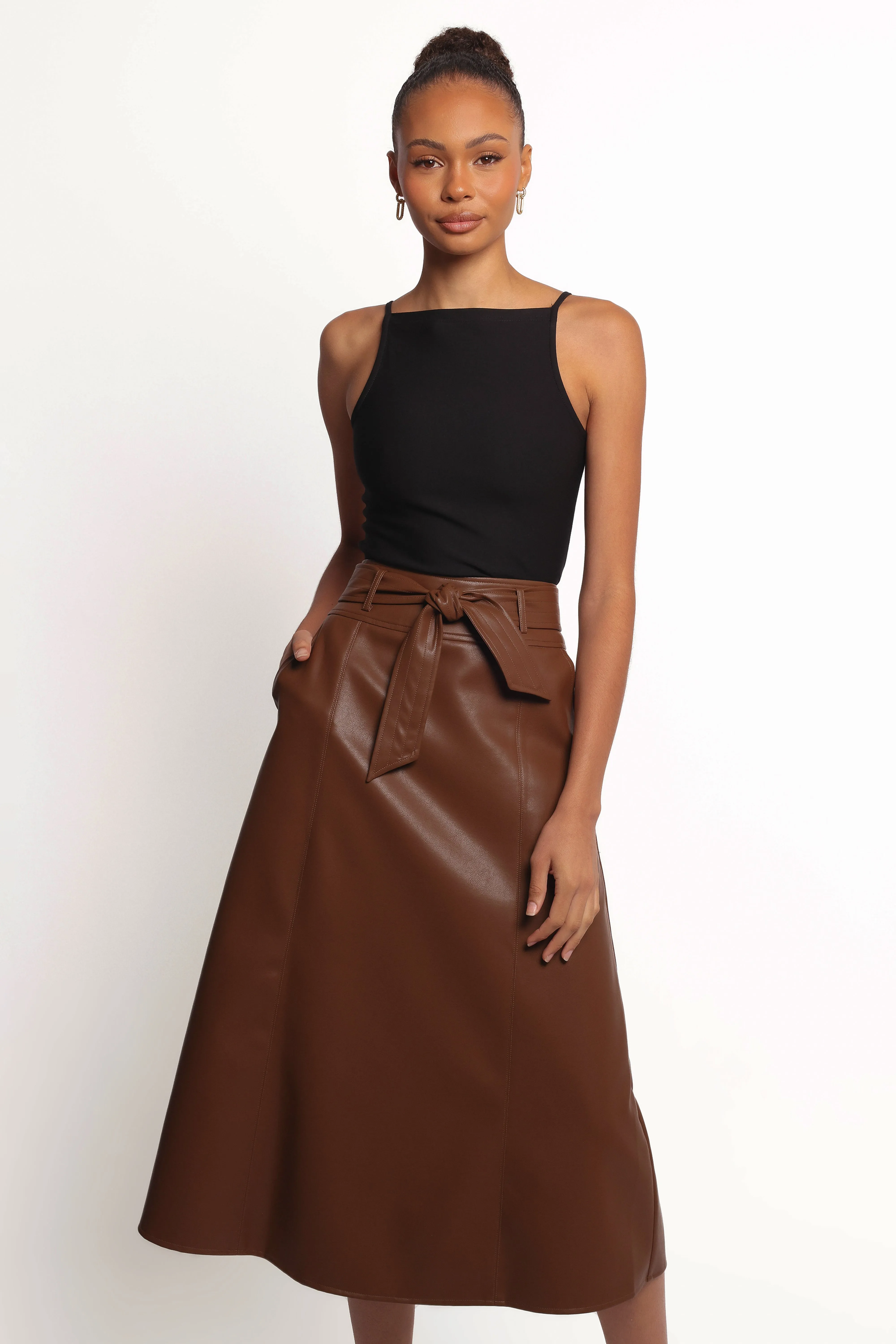 Adaline Faux Leather Midi Skirt - Brown sold by Petal & Pup product image thumbnail 2