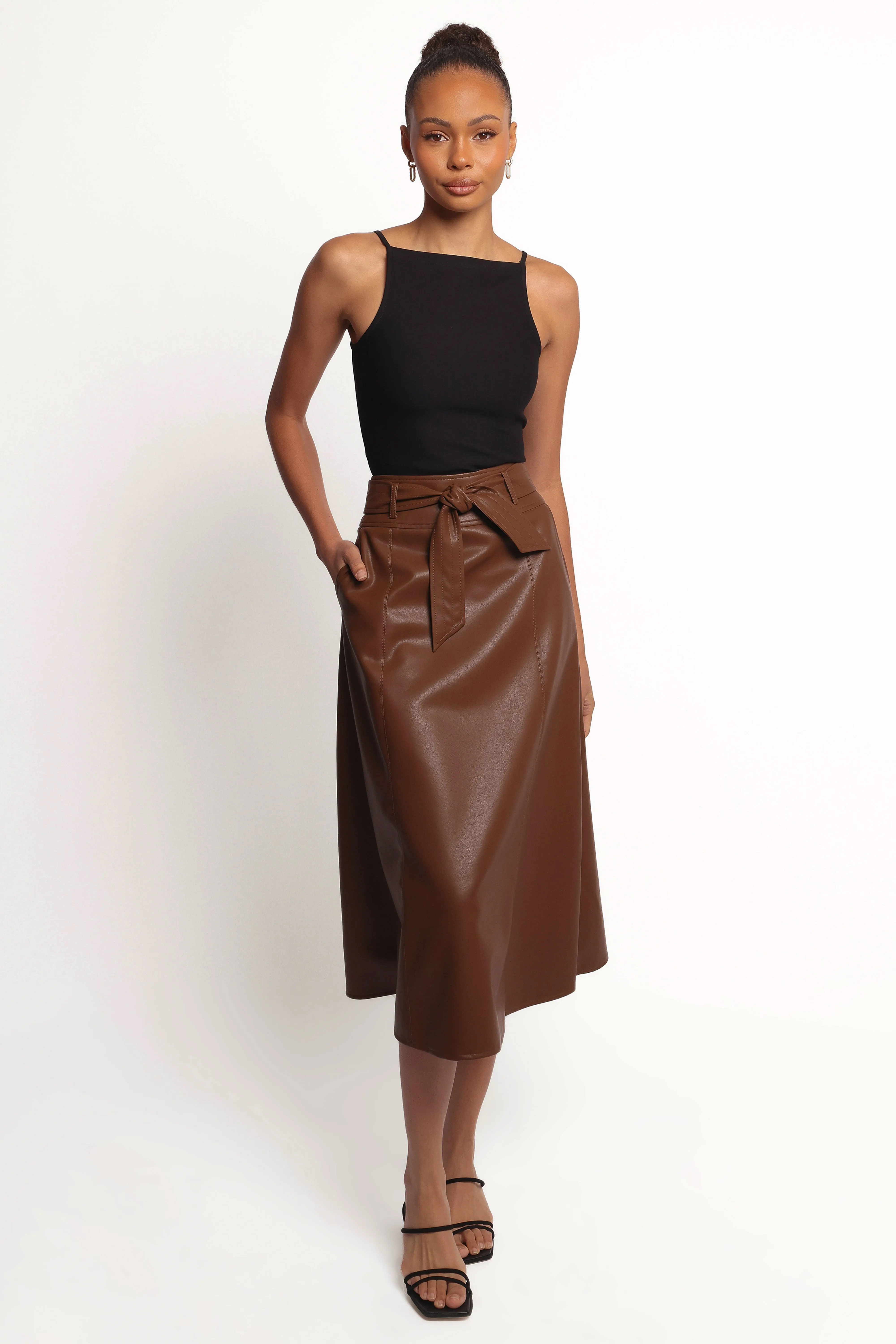Adaline Faux Leather Midi Skirt - Brown sold by Petal & Pup