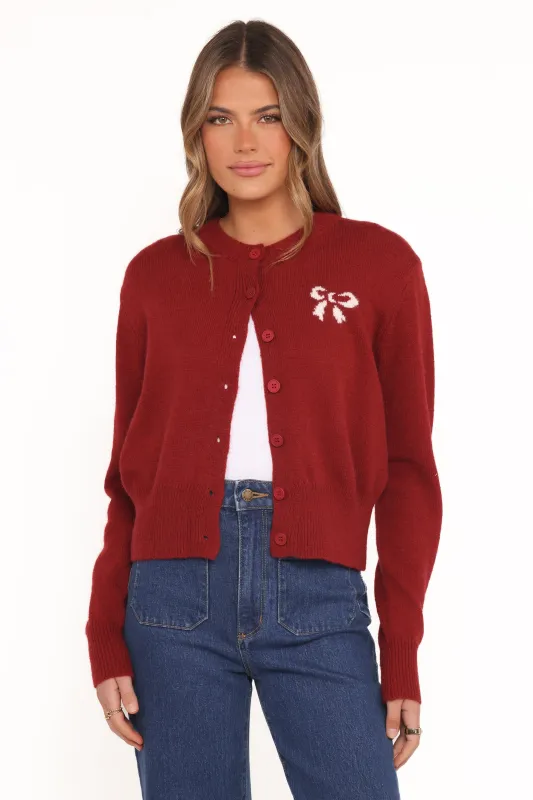 Middleton Mini Bow Cardigan - Wine sold by Petal & Pup