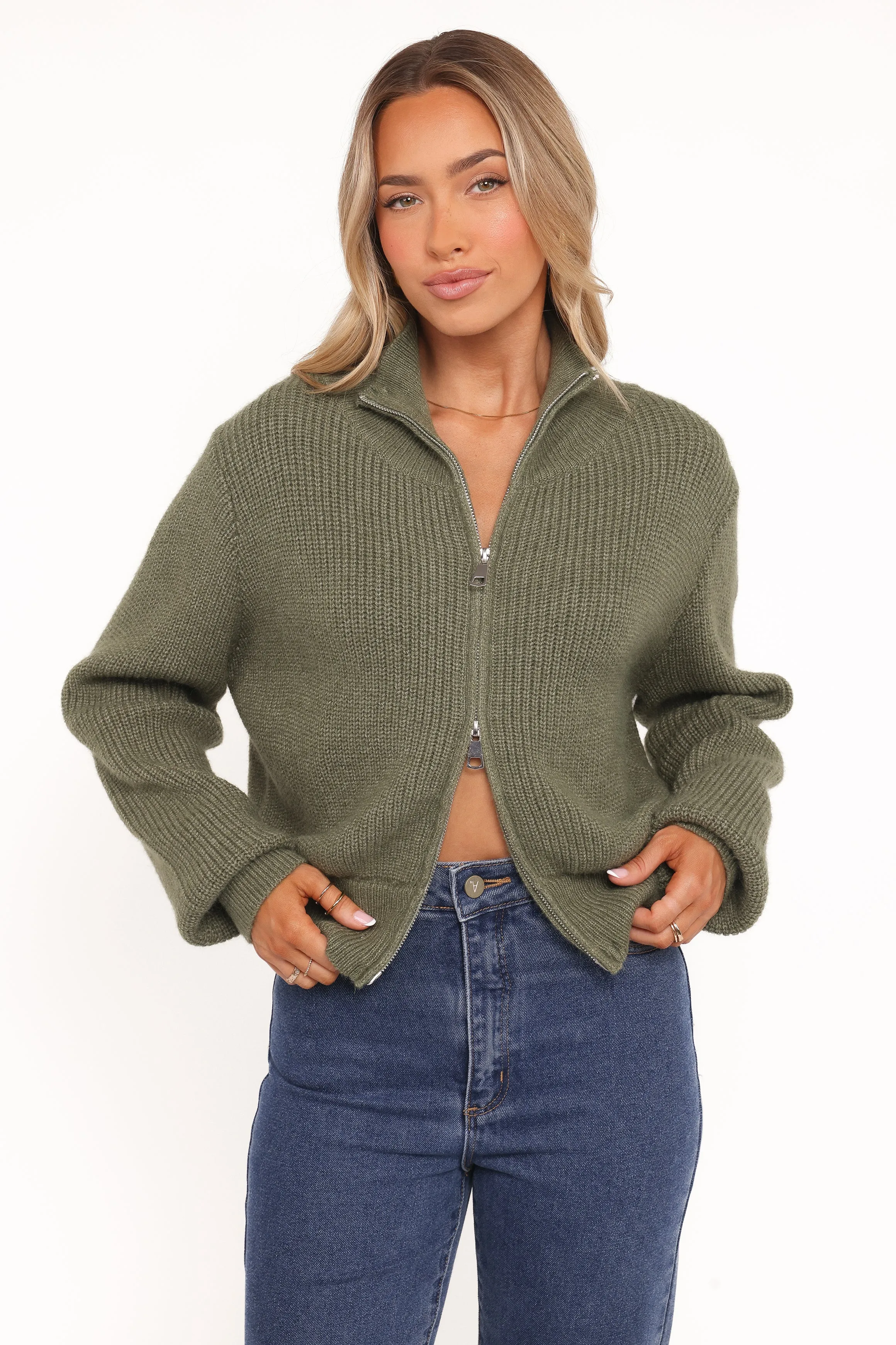 Kourtney Zip Cardigan - Olive sold by Petal & Pup