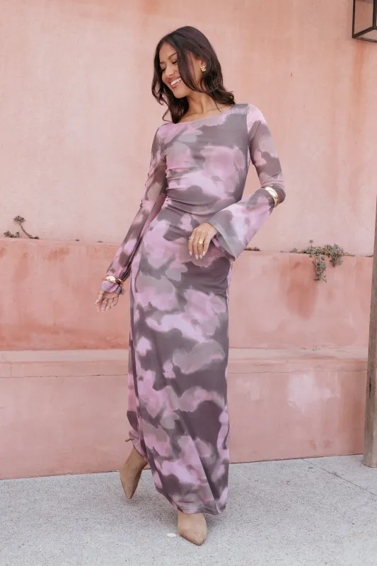 Pandora Long Sleeve Maxi Dress - Pink/Brown Print sold by Petal & Pup