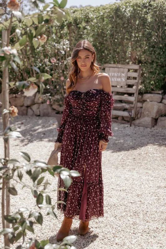 Keziah Long Sleeve Maxi Dress - Burgundy Floral sold by Petal & Pup