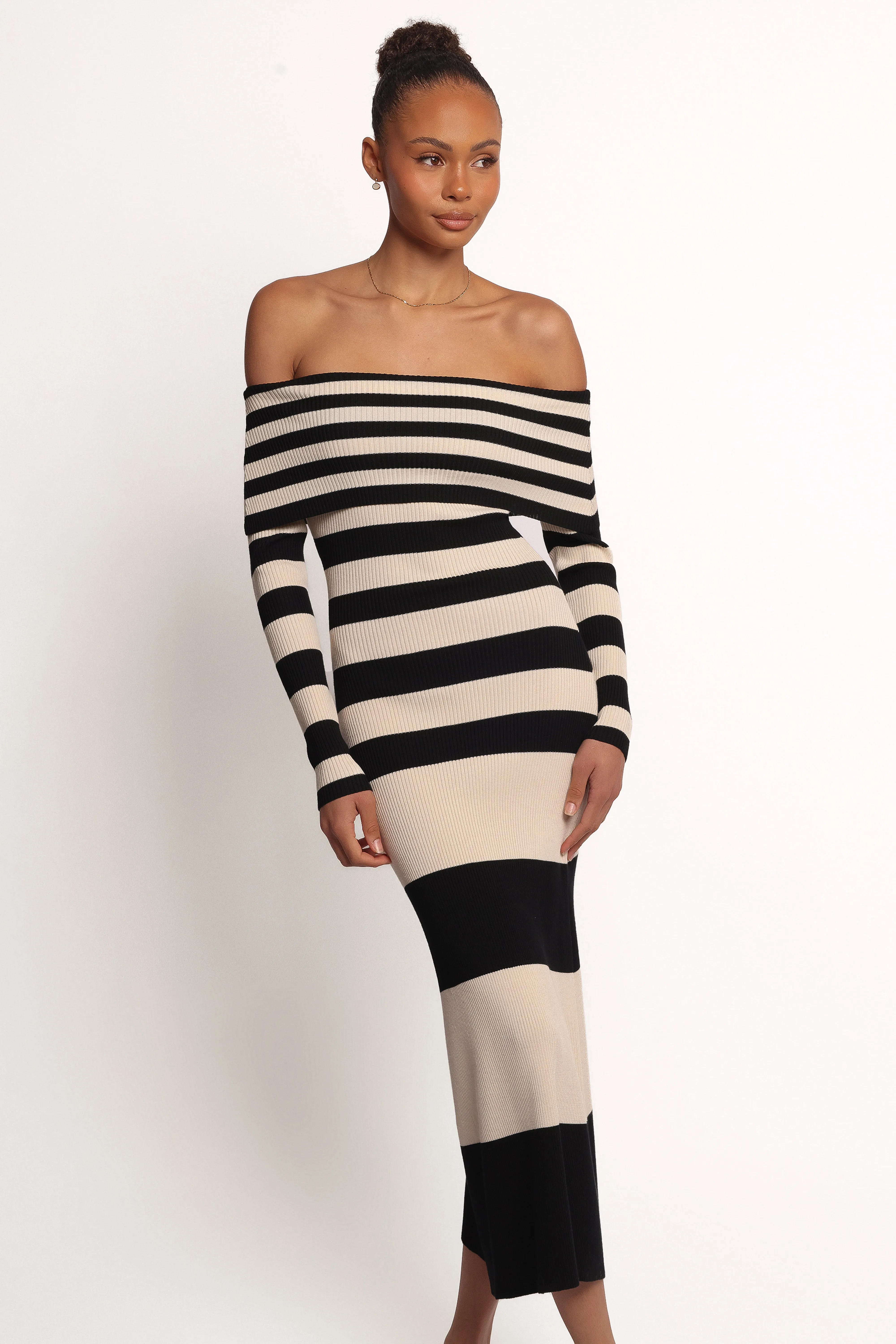 Banks Off Shoulder Knit Dress - Black Cream Stripe sold by Petal & Pup product image thumbnail 2