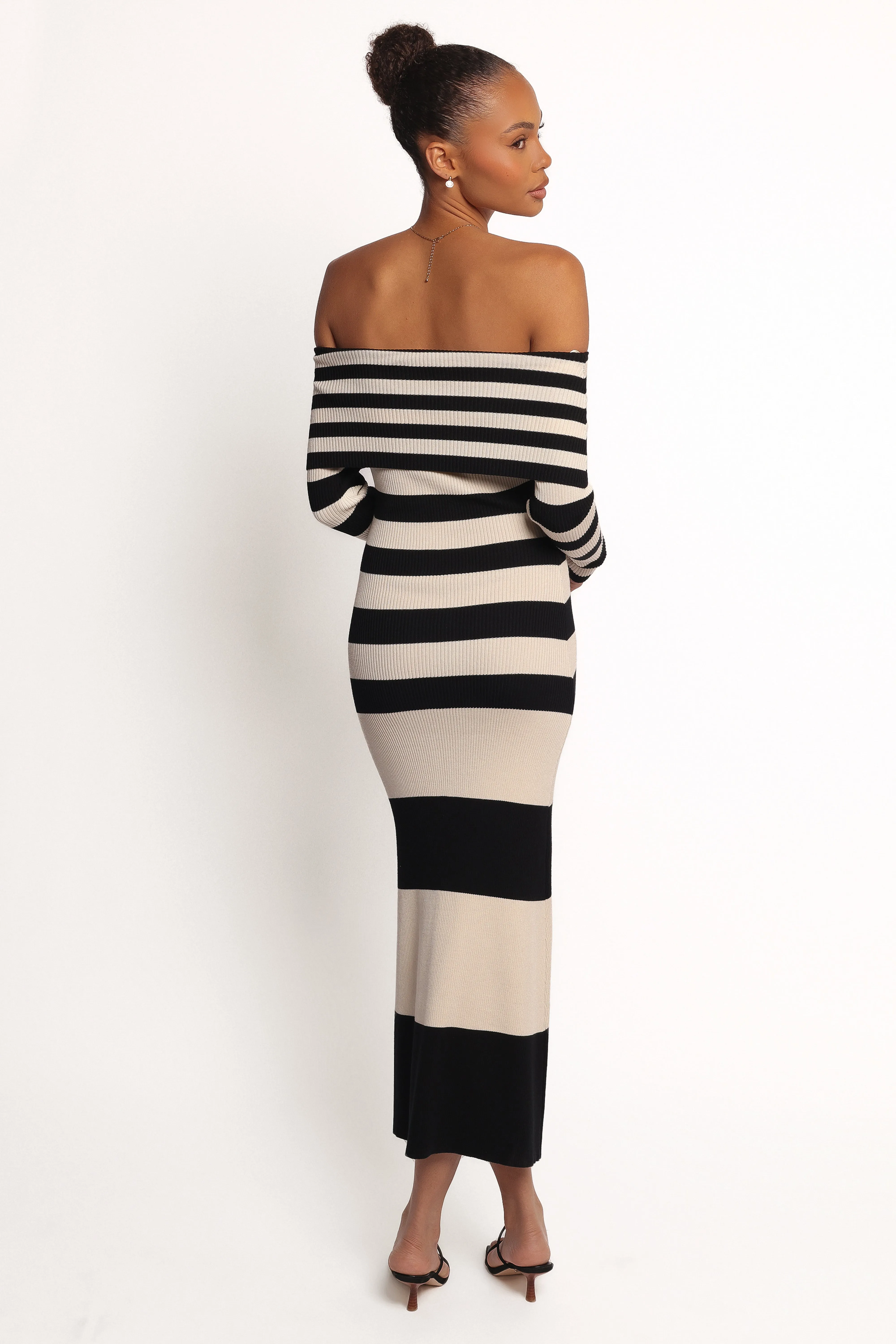 Banks Off Shoulder Knit Dress - Black Cream Stripe sold by Petal & Pup product image thumbnail 4