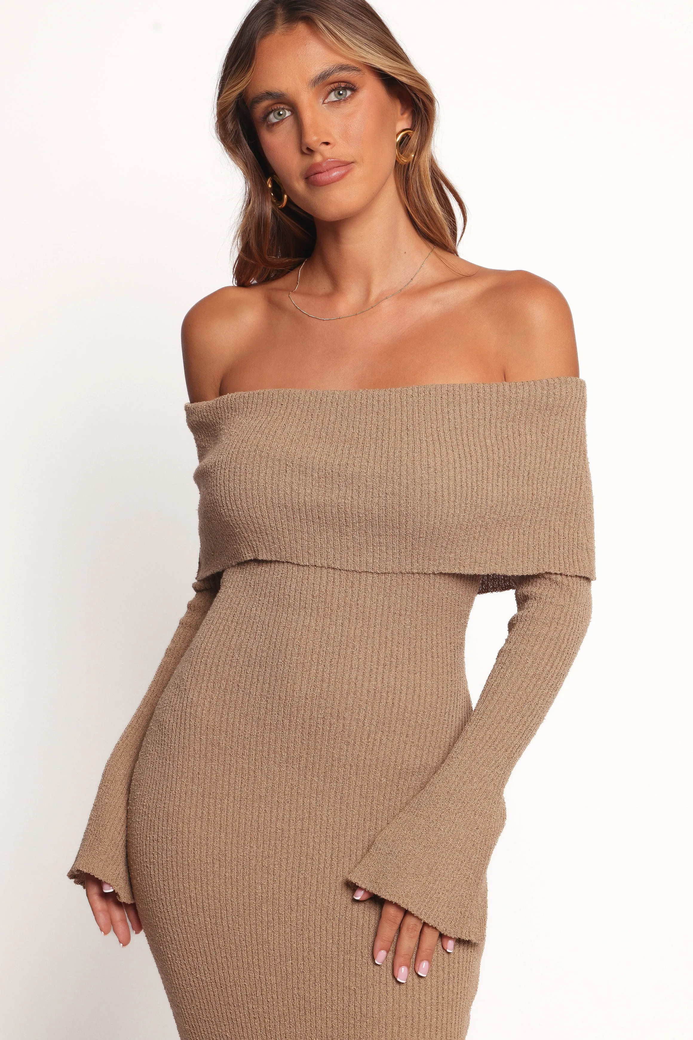 Domitia Off Shoulder Knit Dress - Brown sold by Petal & Pup product image thumbnail 5