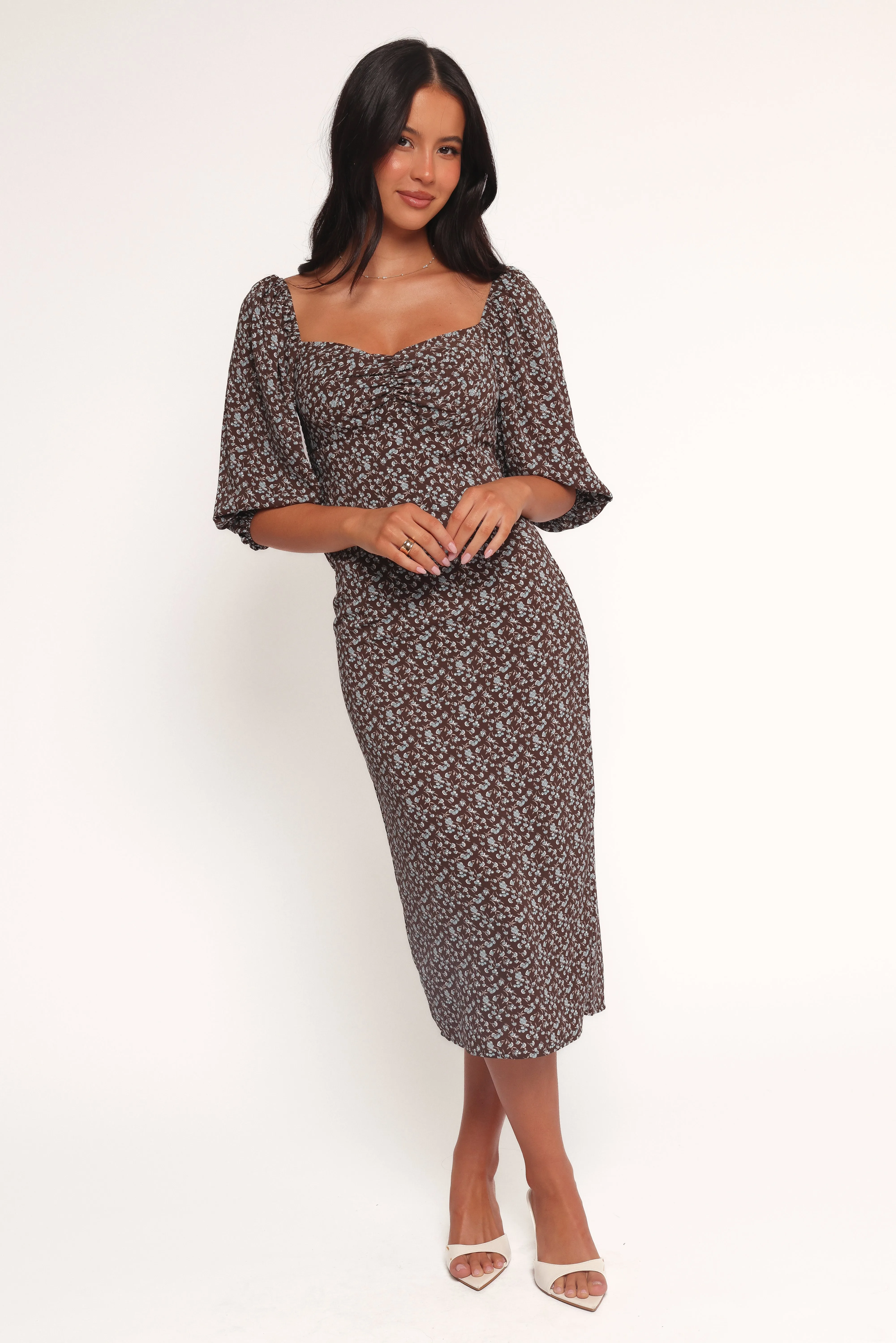 Oona Midi Dress - Brown Blue Floral sold by Petal & Pup