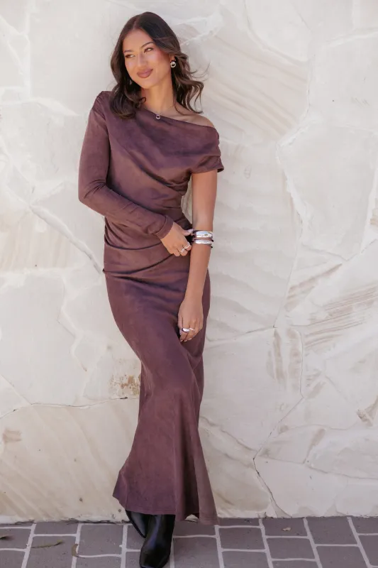 Olympia Off Shoulder Maxi Dress - Chocolate sold by Petal & Pup