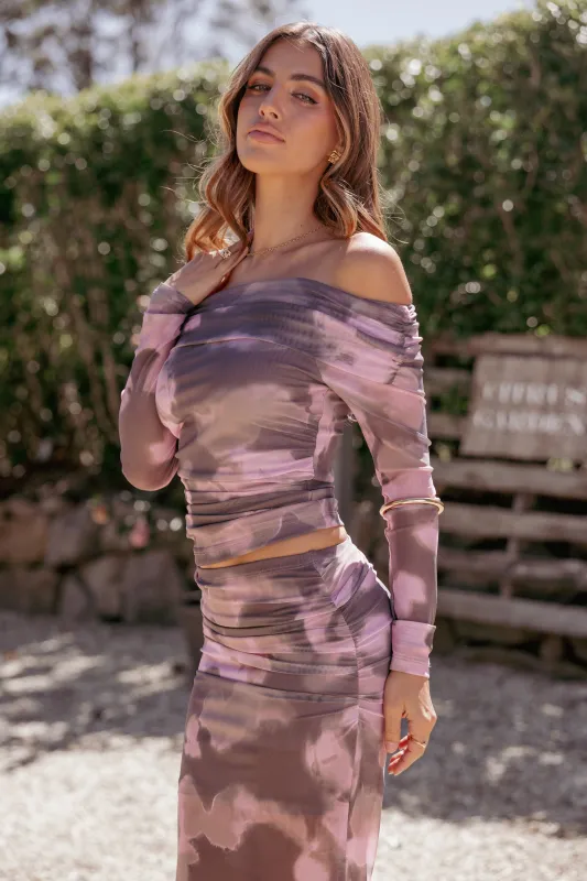 Caelira Off Shoulder Top - Pink/Brown Print sold by Petal & Pup