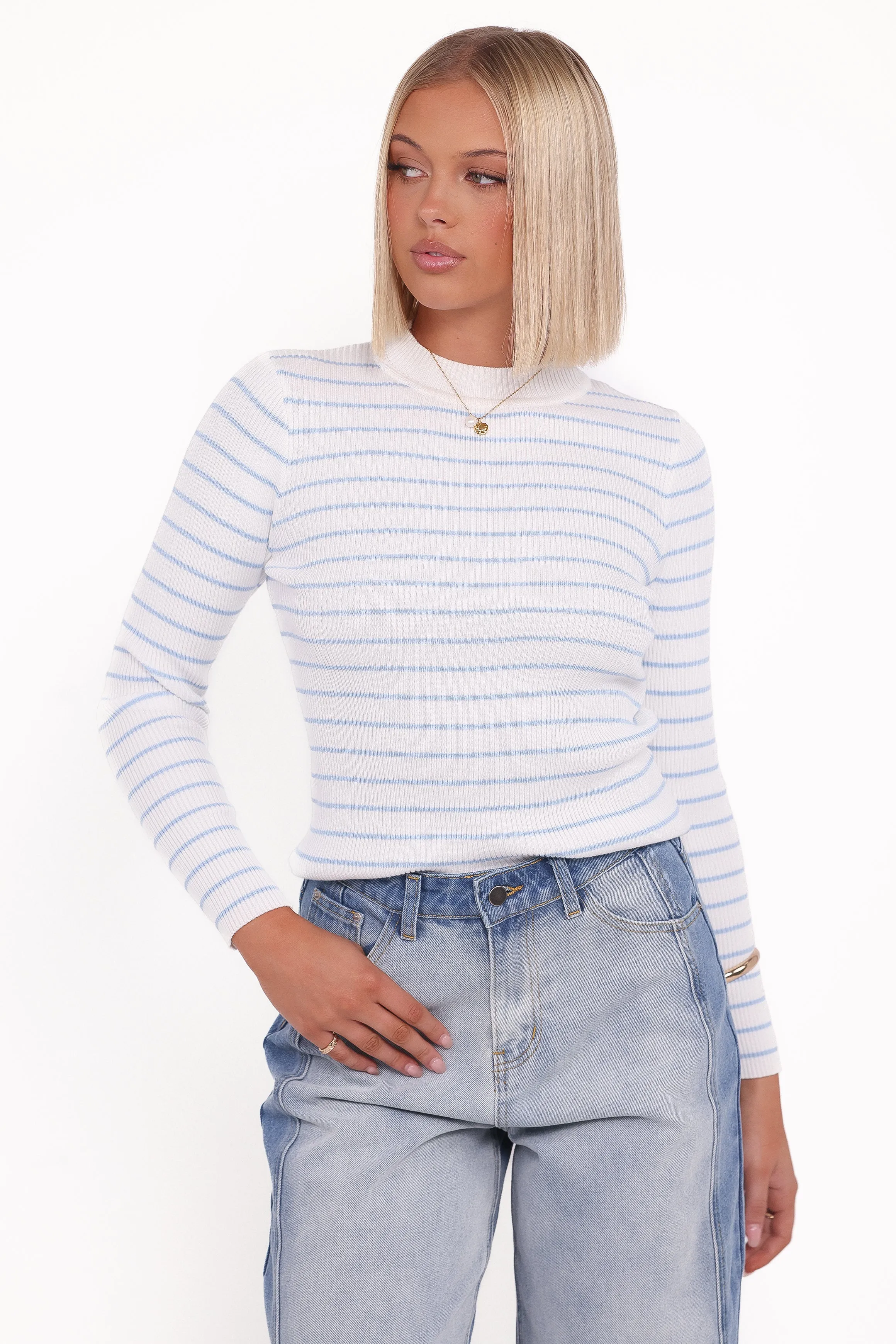 Stacie Ribbed Knit Top - Light Blue Stripe sold by Petal & Pup