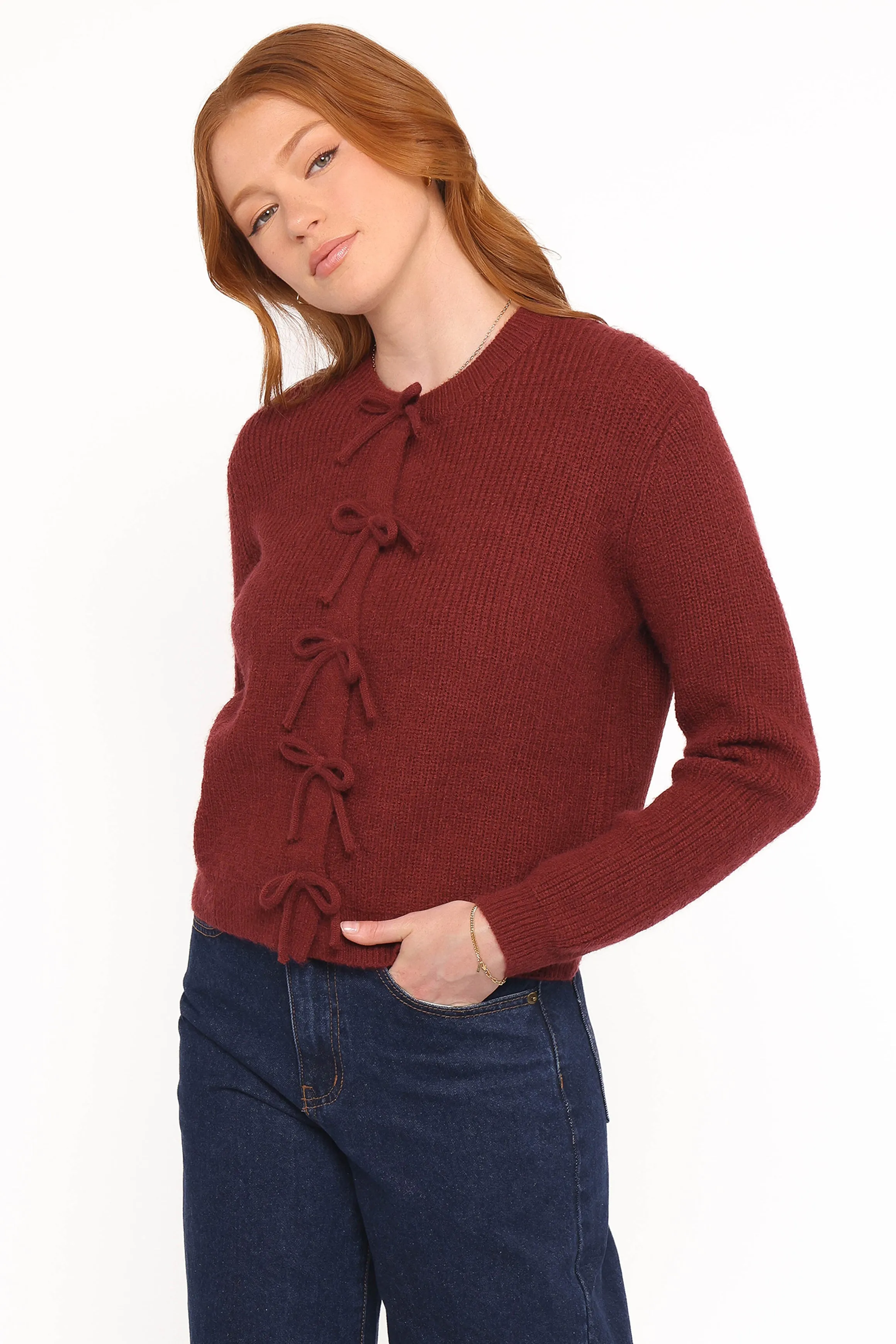 Wilde Bow Front Cardigan - Burgundy sold by Petal & Pup product image thumbnail 3
