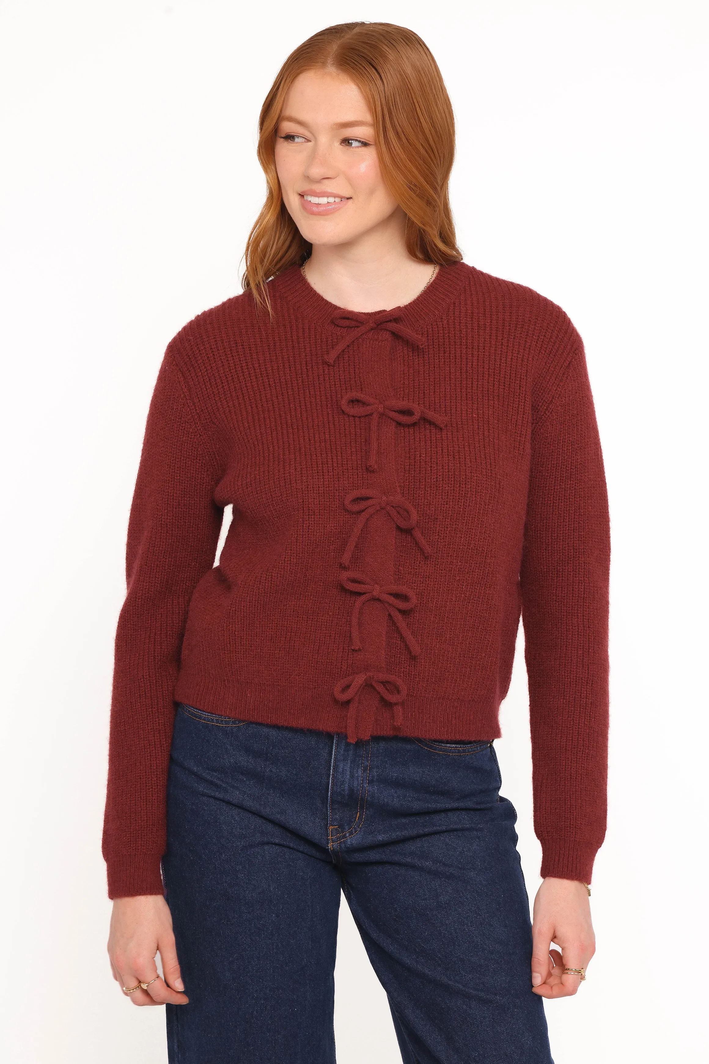 Wilde Bow Front Cardigan - Burgundy sold by Petal & Pup