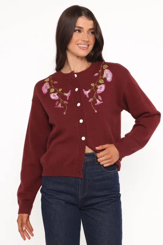 Brittany Placed Embroidery Flower Cardigan - Burgundy sold by Petal & Pup