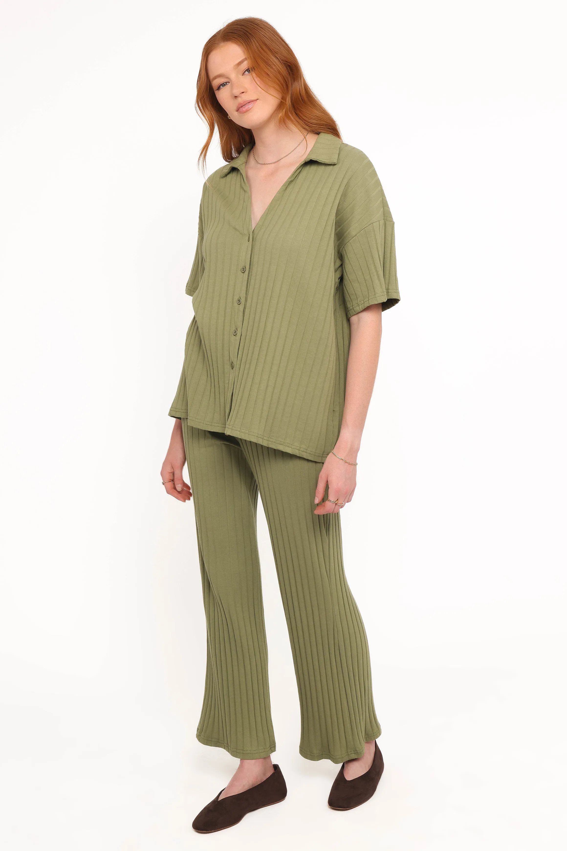 Phillipa Wide Ribbed Shirt Set - Olive sold by Petal & Pup