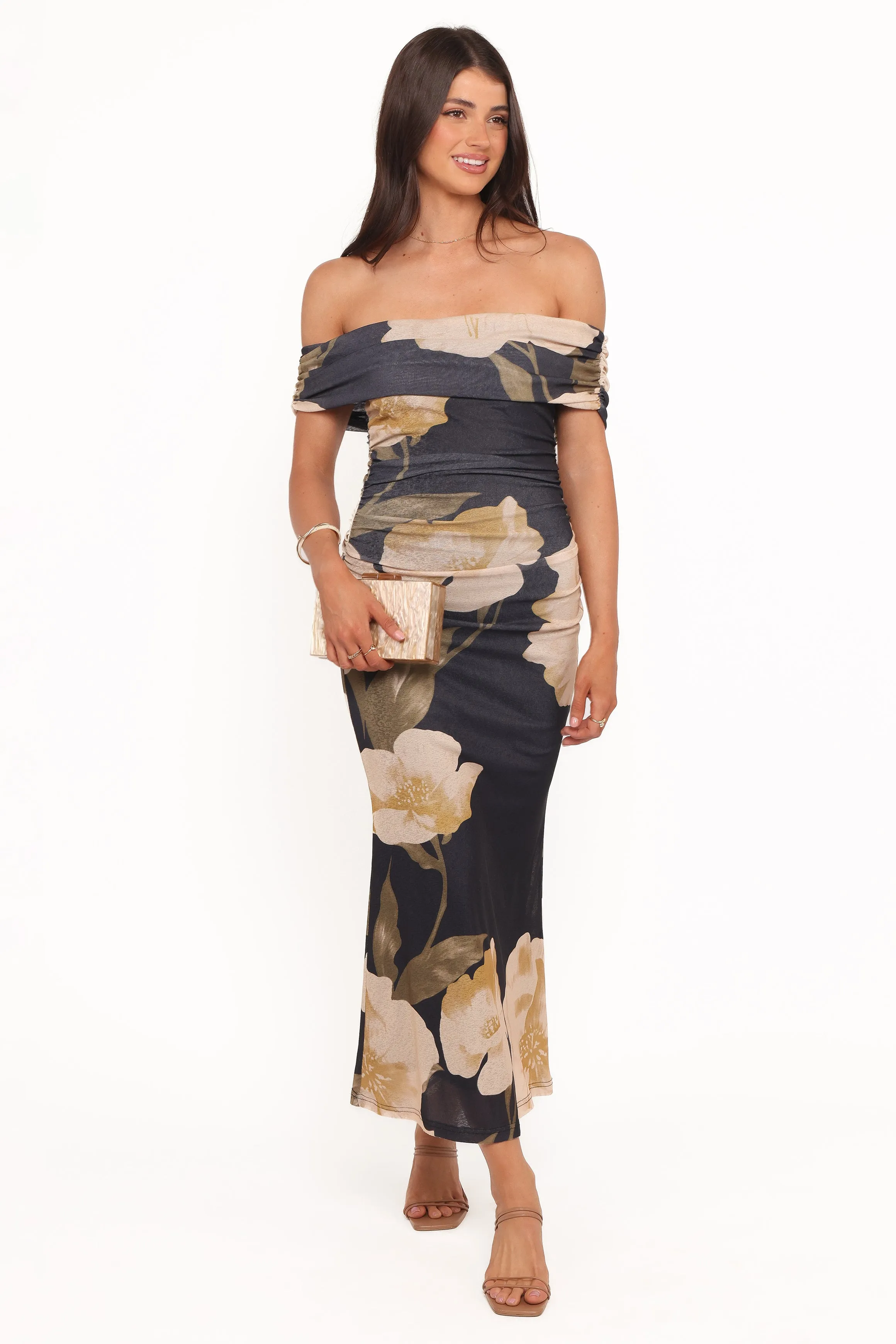 Koda Off Shoulder Midi Dress - Black Floral sold by Petal & Pup