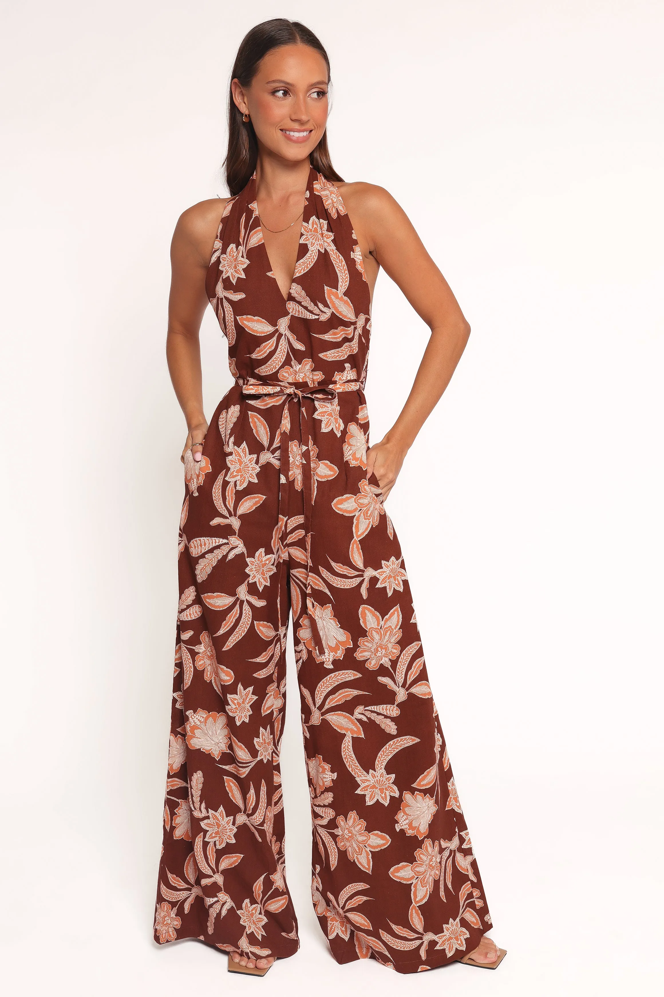 Kehlani Halterneck Jumpsuit - Orange Floral sold by Petal & Pup