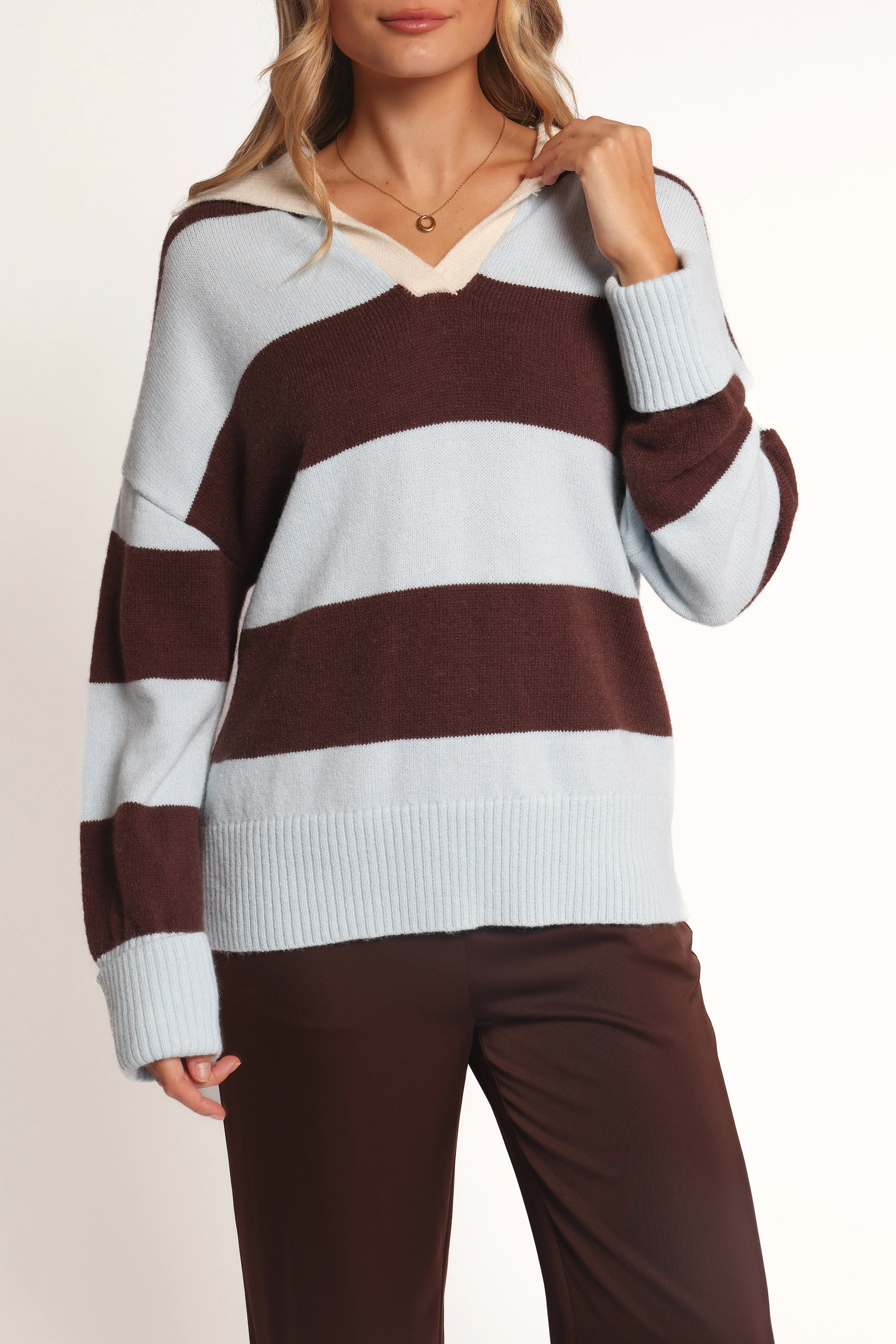 Mikaela Rugby Stripe Knit Sweater - Brown/Blue Stripe sold by Petal & Pup product image thumbnail 2