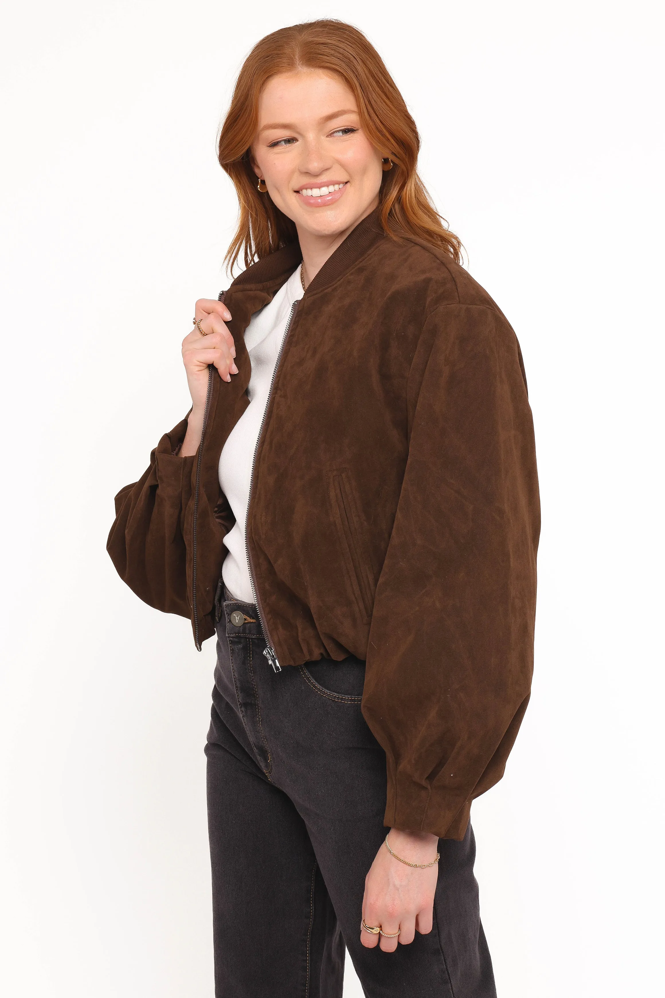 Goldie Faux Suede Bomber Jacket - Brown sold by Petal & Pup product image thumbnail 3