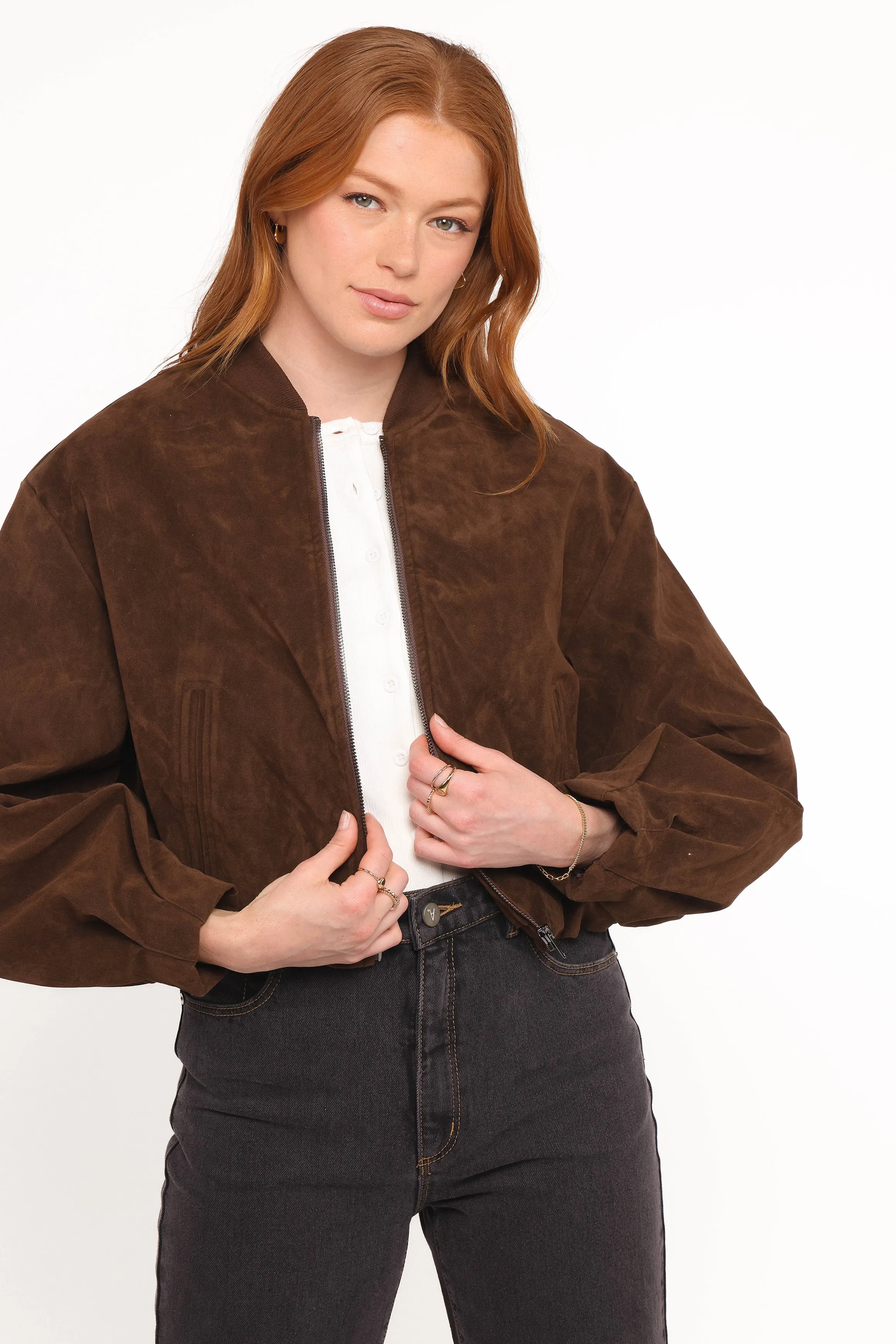 Goldie Faux Suede Bomber Jacket - Brown sold by Petal & Pup
