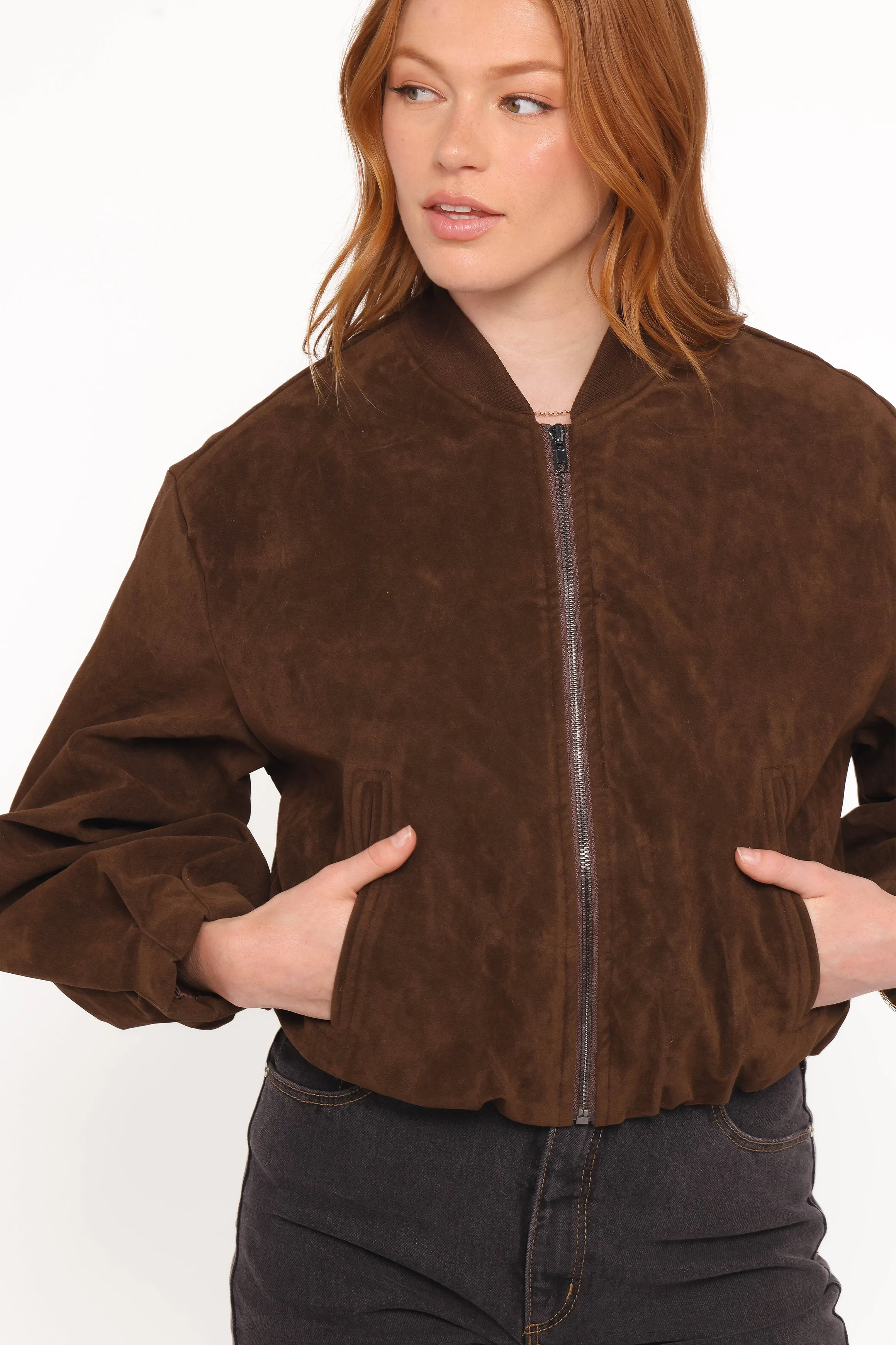Goldie Faux Suede Bomber Jacket - Brown sold by Petal & Pup product image thumbnail 2