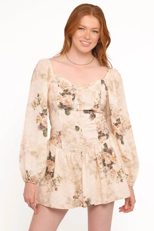 Greta Long Sleeve Romper - Beige Floral made by Petal & Pup