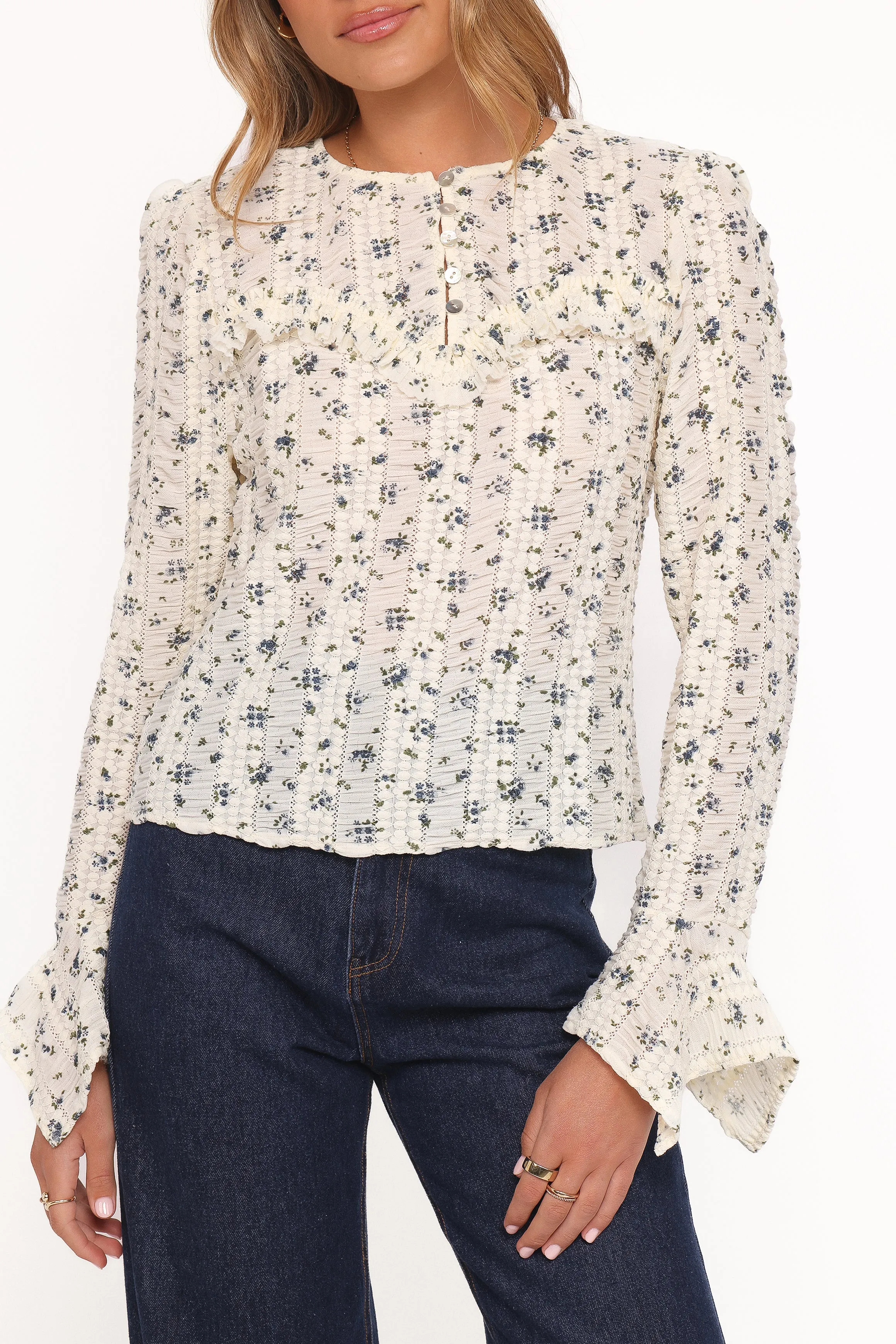 Eira Textured Ruffle Top - Cream Blue Floral sold by Petal & Pup product image thumbnail 2