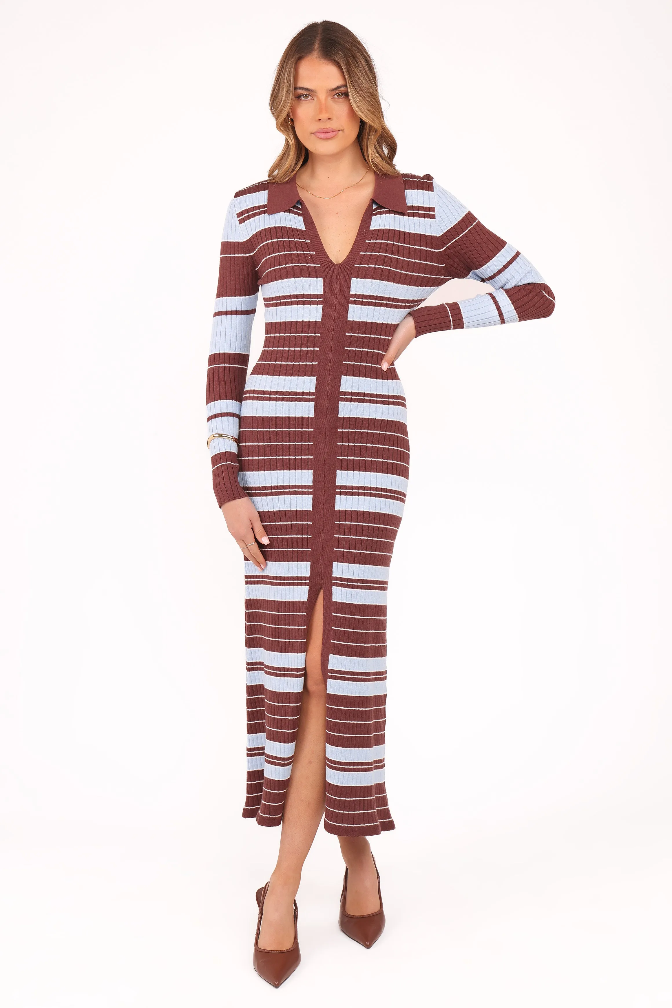 Eliana Long Sleeve Midi Dress - Brown Blue Stripe sold by Petal & Pup