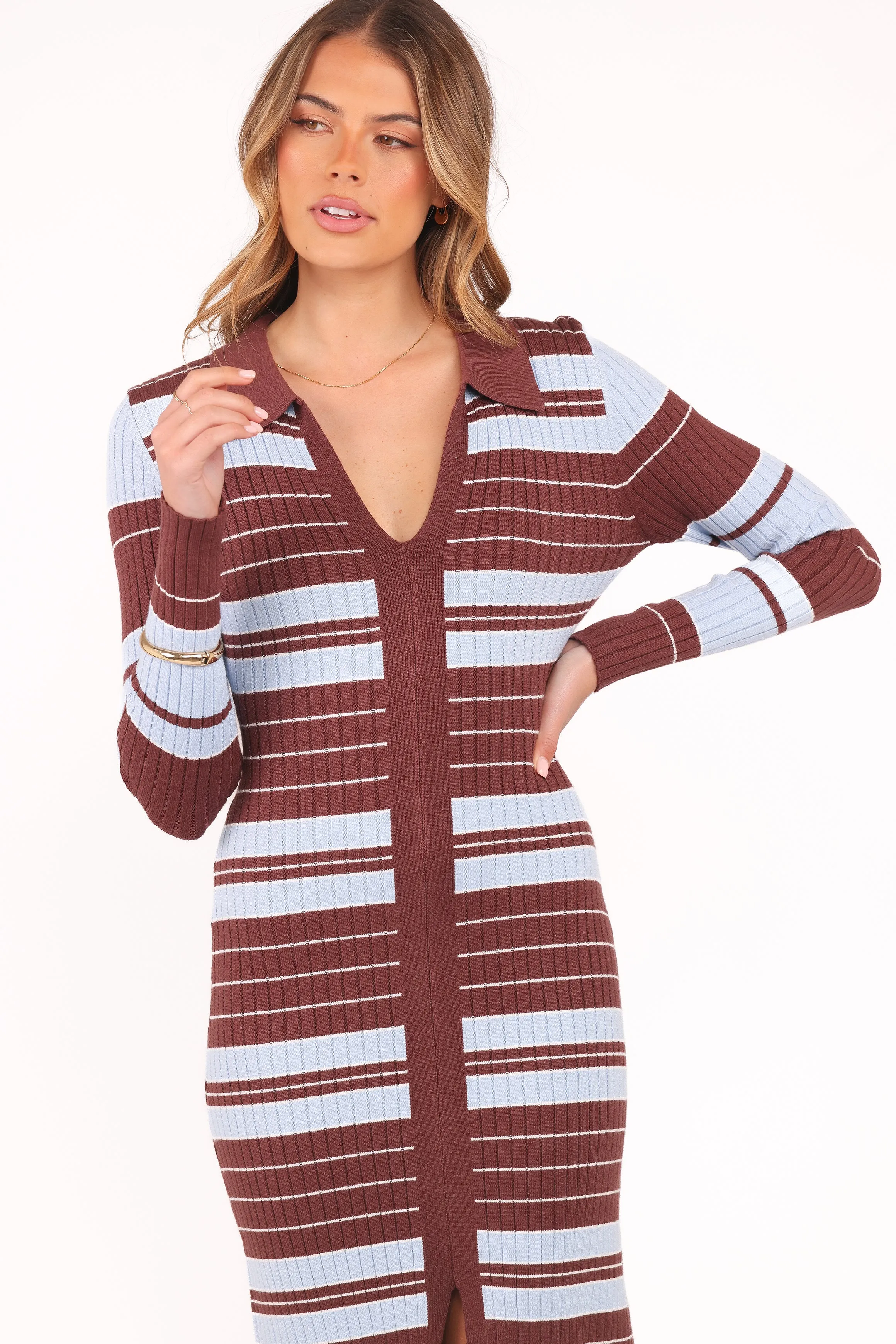 Eliana Long Sleeve Midi Dress - Brown Blue Stripe sold by Petal & Pup product image thumbnail 2