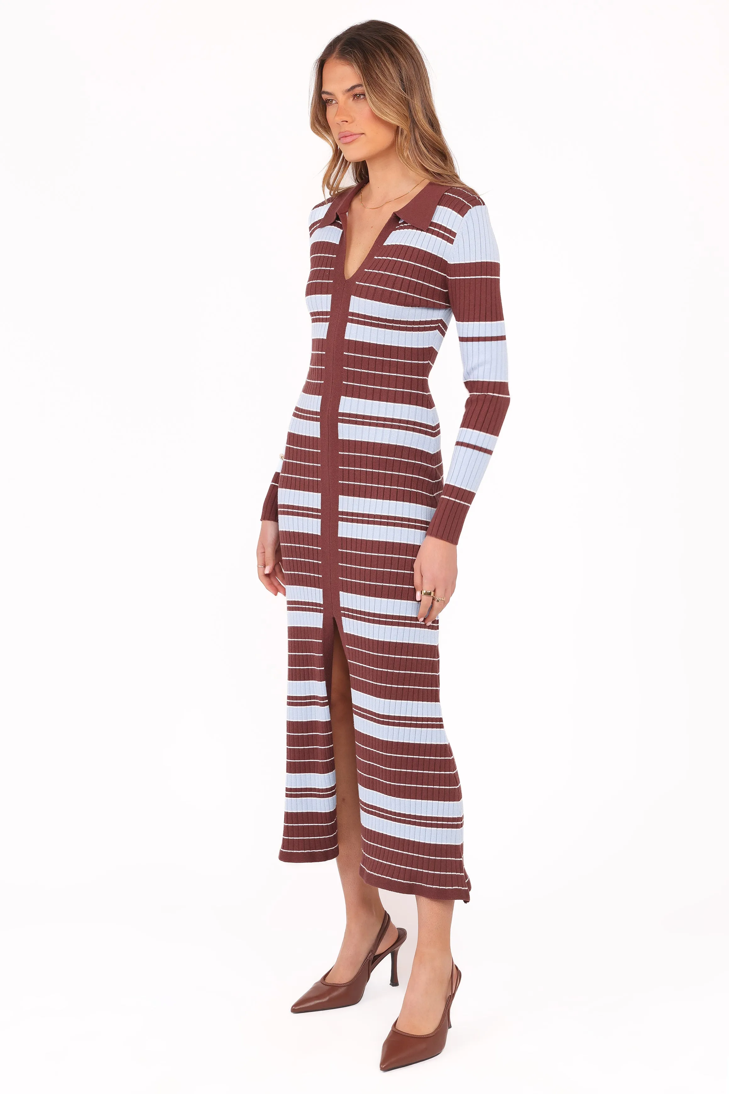 Eliana Long Sleeve Midi Dress - Brown Blue Stripe sold by Petal & Pup product image thumbnail 3