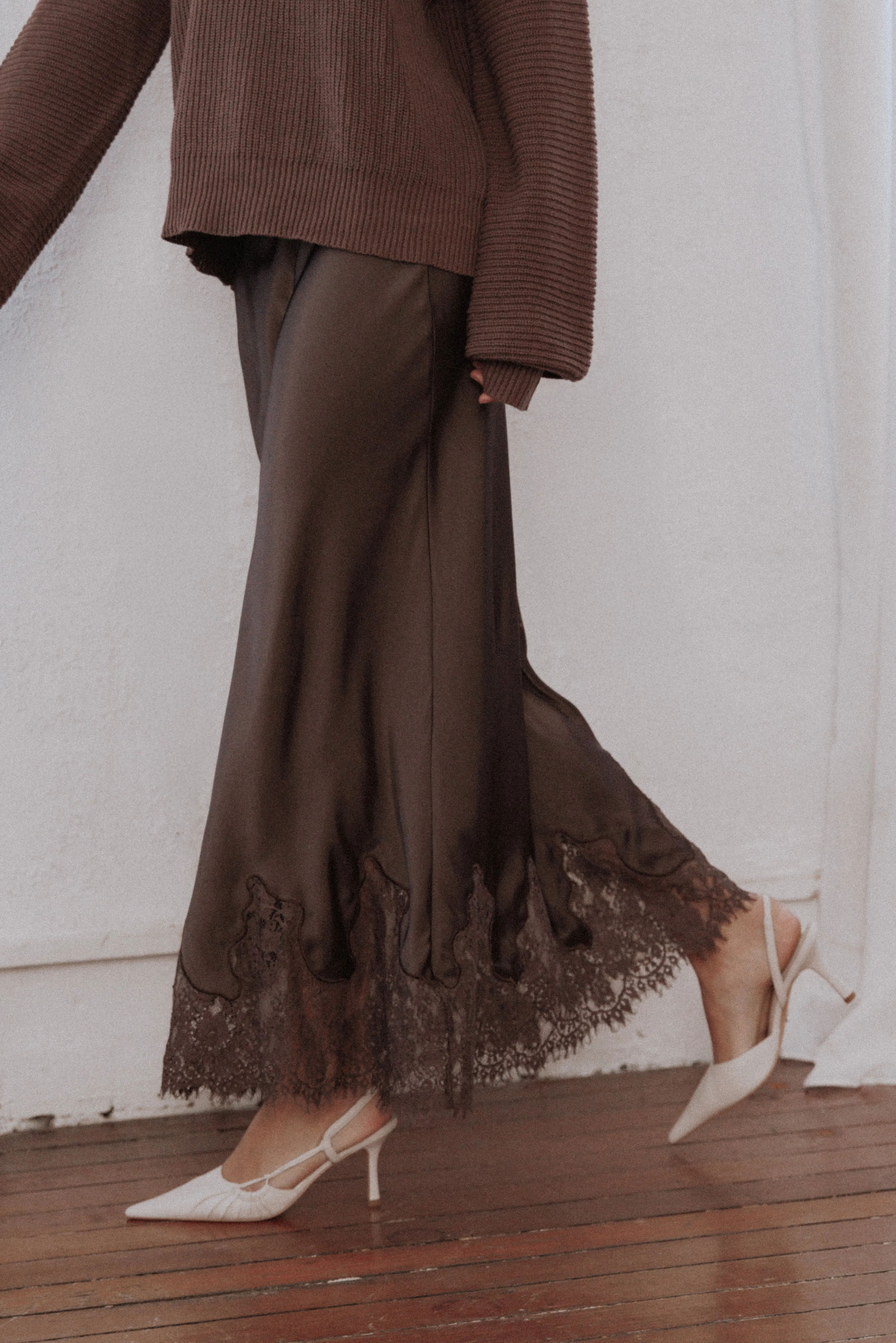 Alira Lace Trim Midi Skirt - Brown sold by Petal & Pup