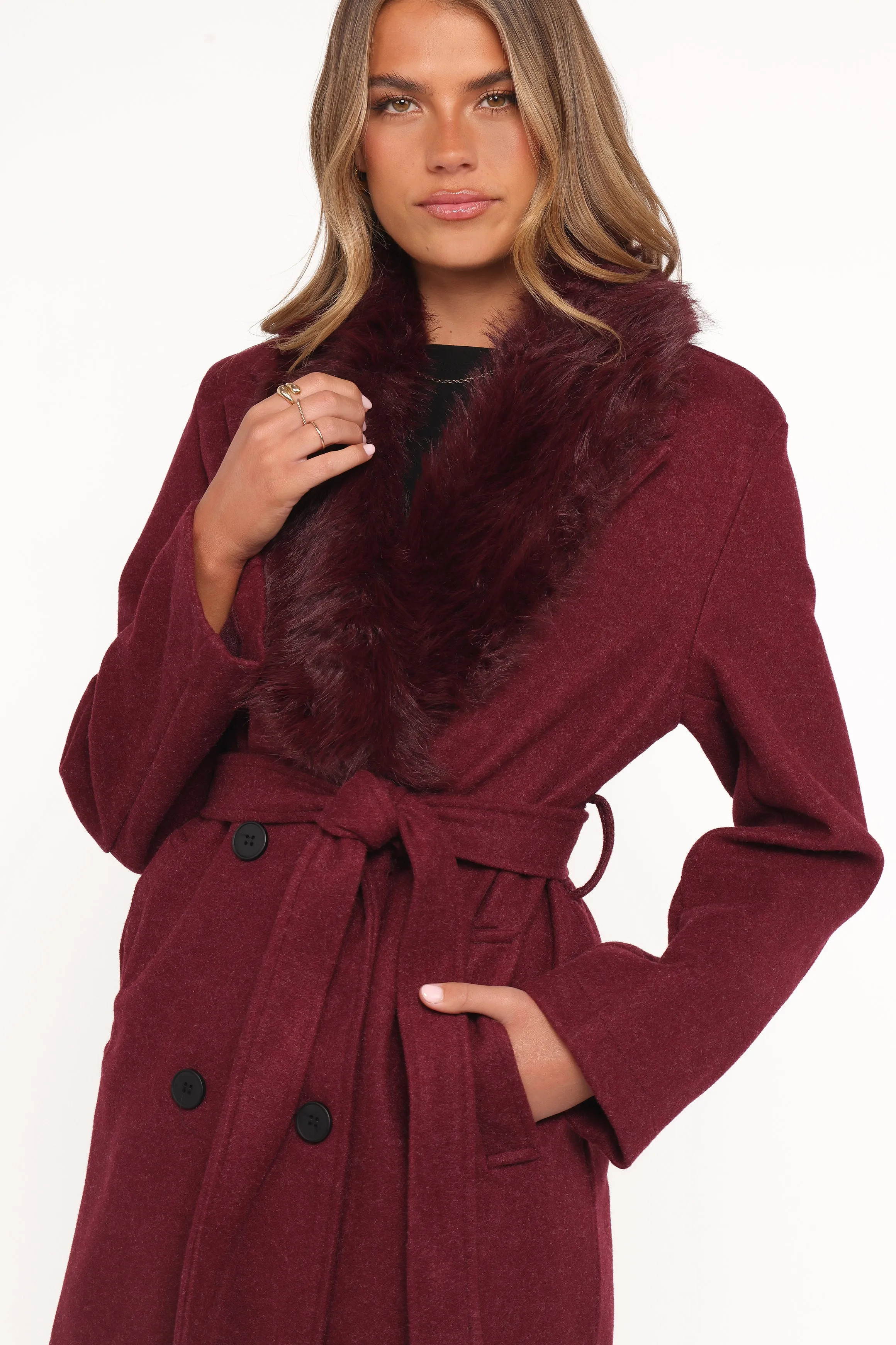 Nina Fur Collar Tie Waist Coat - Burgundy sold by Petal & Pup product image thumbnail 3