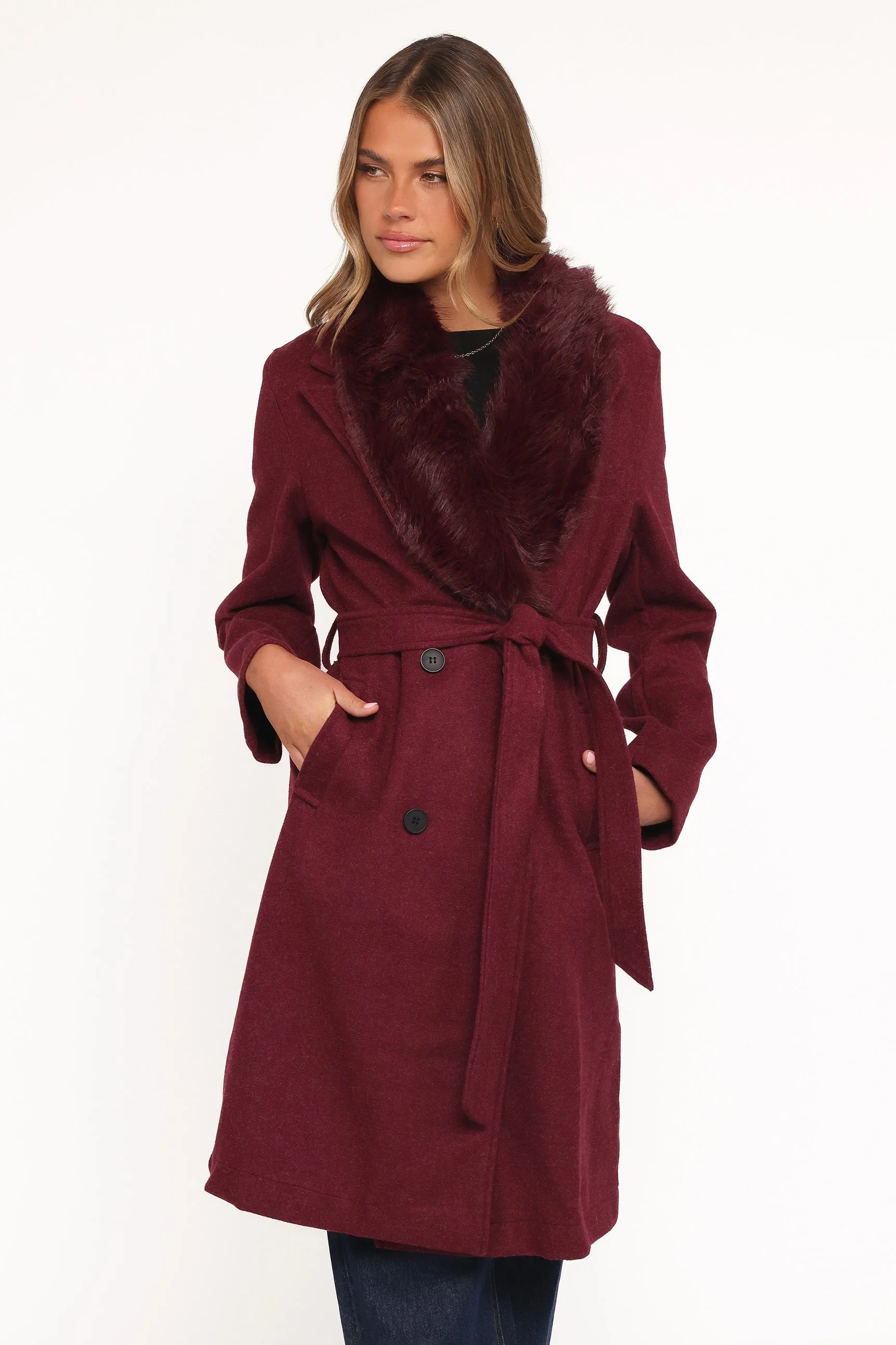 Nina Fur Collar Tie Waist Coat - Burgundy sold by Petal & Pup product image thumbnail 2