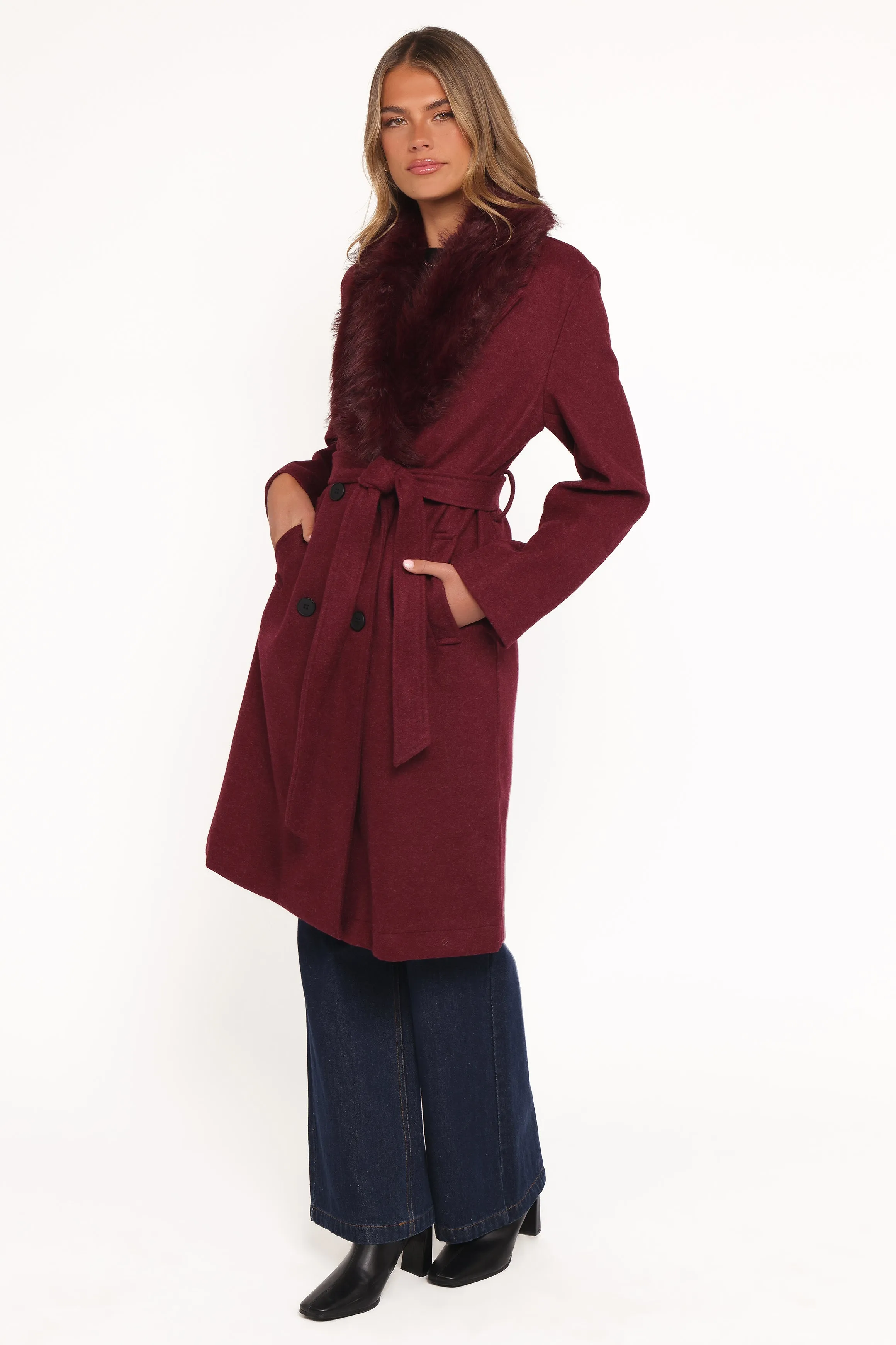 Nina Fur Collar Tie Waist Coat - Burgundy sold by Petal & Pup product image thumbnail 4