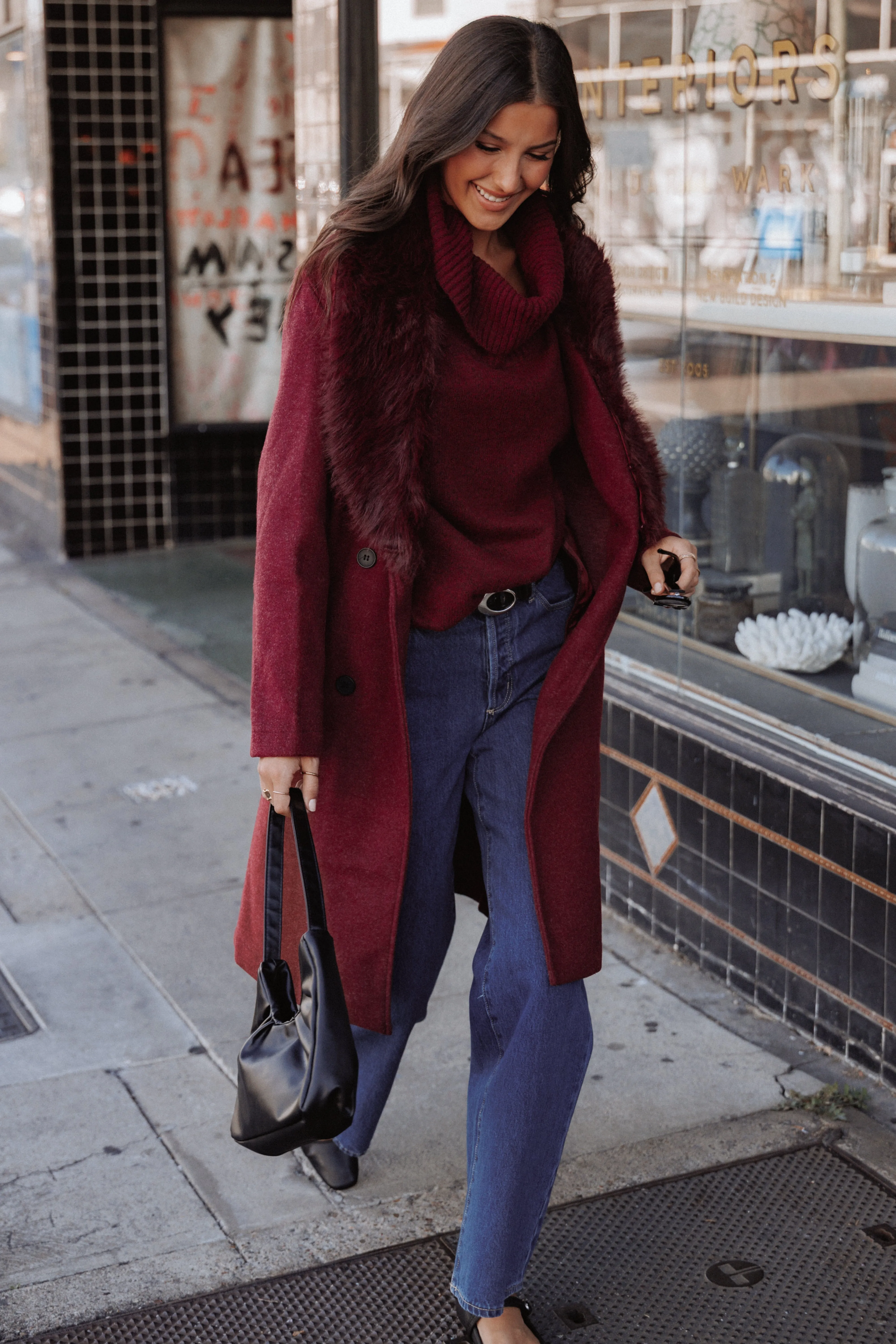 Nina Fur Collar Tie Waist Coat - Burgundy sold by Petal & Pup