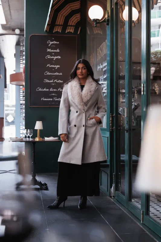 Nina Fur Collar Tie Waist Coat - Cream sold by Petal & Pup