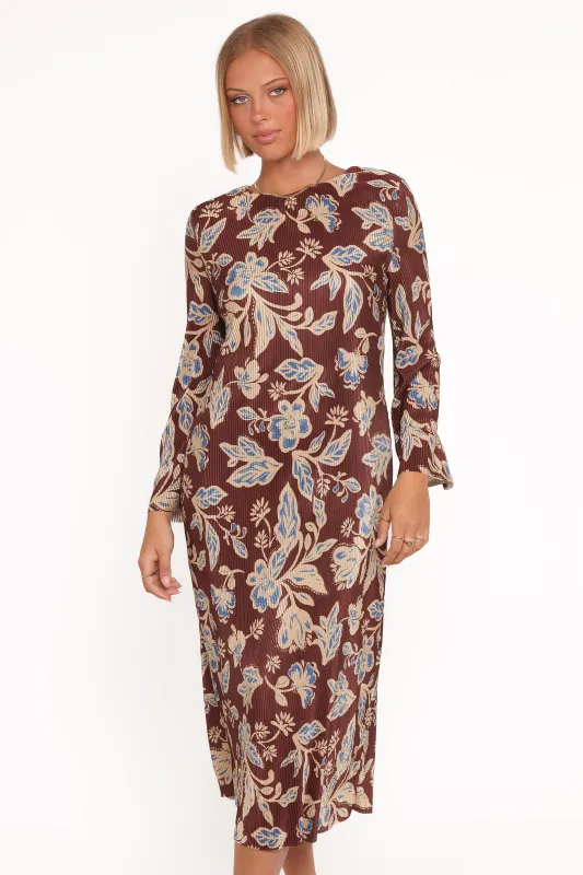Morena Long Sleeve Midi Dress - Brown Floral sold by Petal & Pup