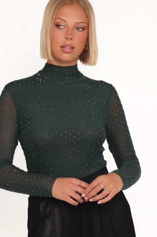 Alejandra Embellished Mesh Top - Hunter Green sold by Petal & Pup