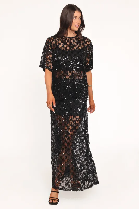 Yonder Sheer Panel Lace Maxi Skirt - Black sold by Petal & Pup