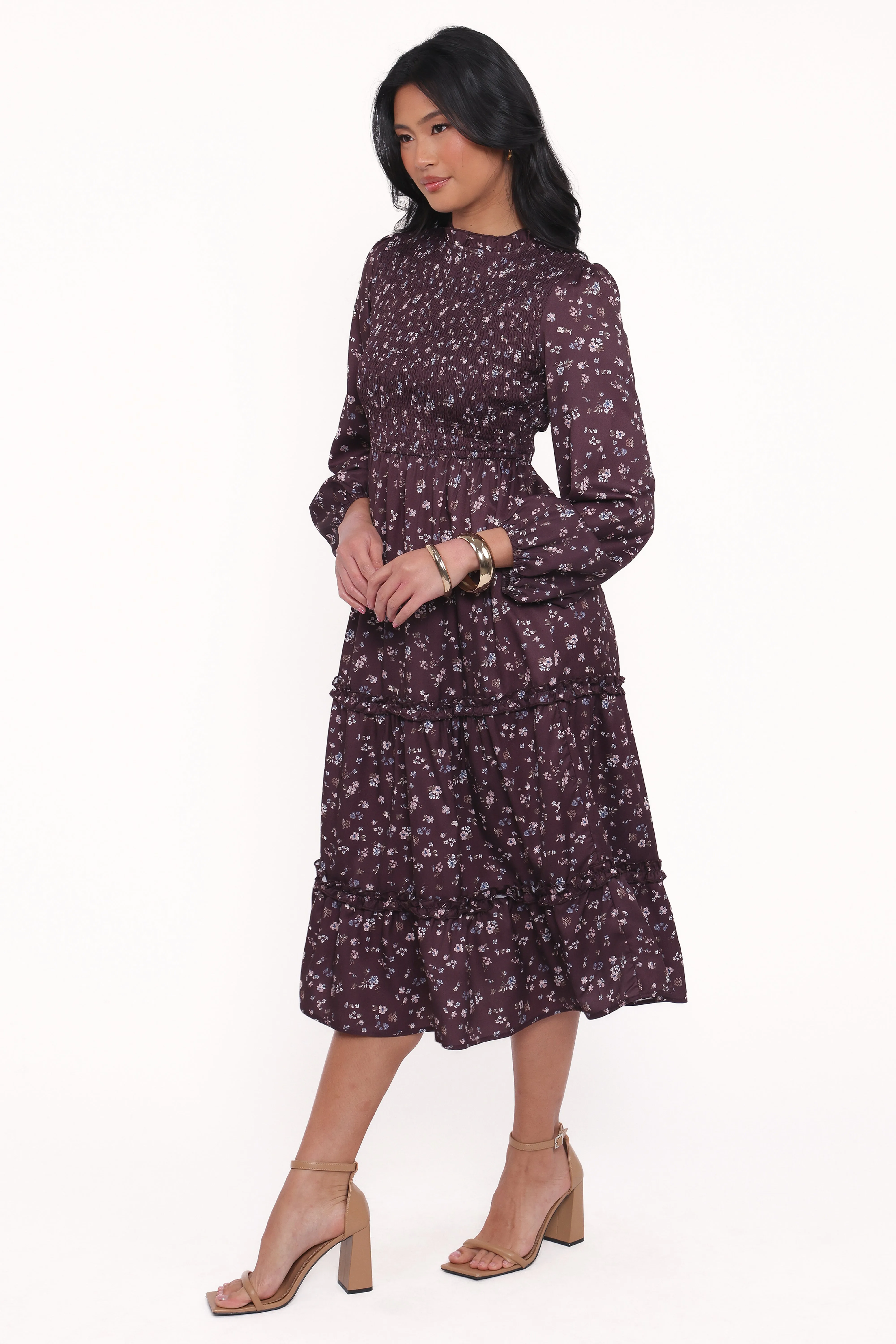 Edwina Shirred Frill Long Sleeve Midi Dress - Plum Floral sold by Petal & Pup product image thumbnail 3