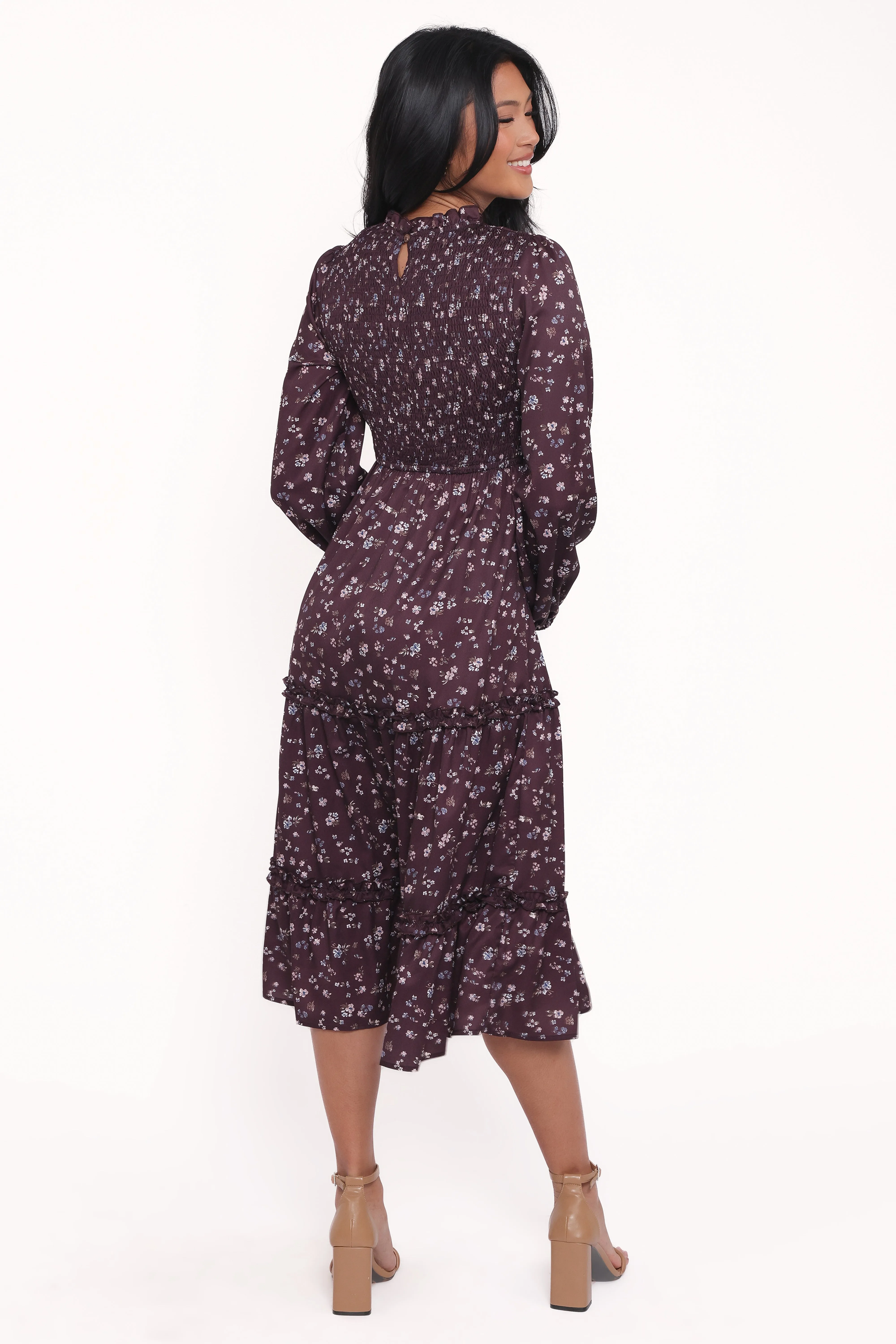 Edwina Shirred Frill Long Sleeve Midi Dress - Plum Floral sold by Petal & Pup product image thumbnail 4