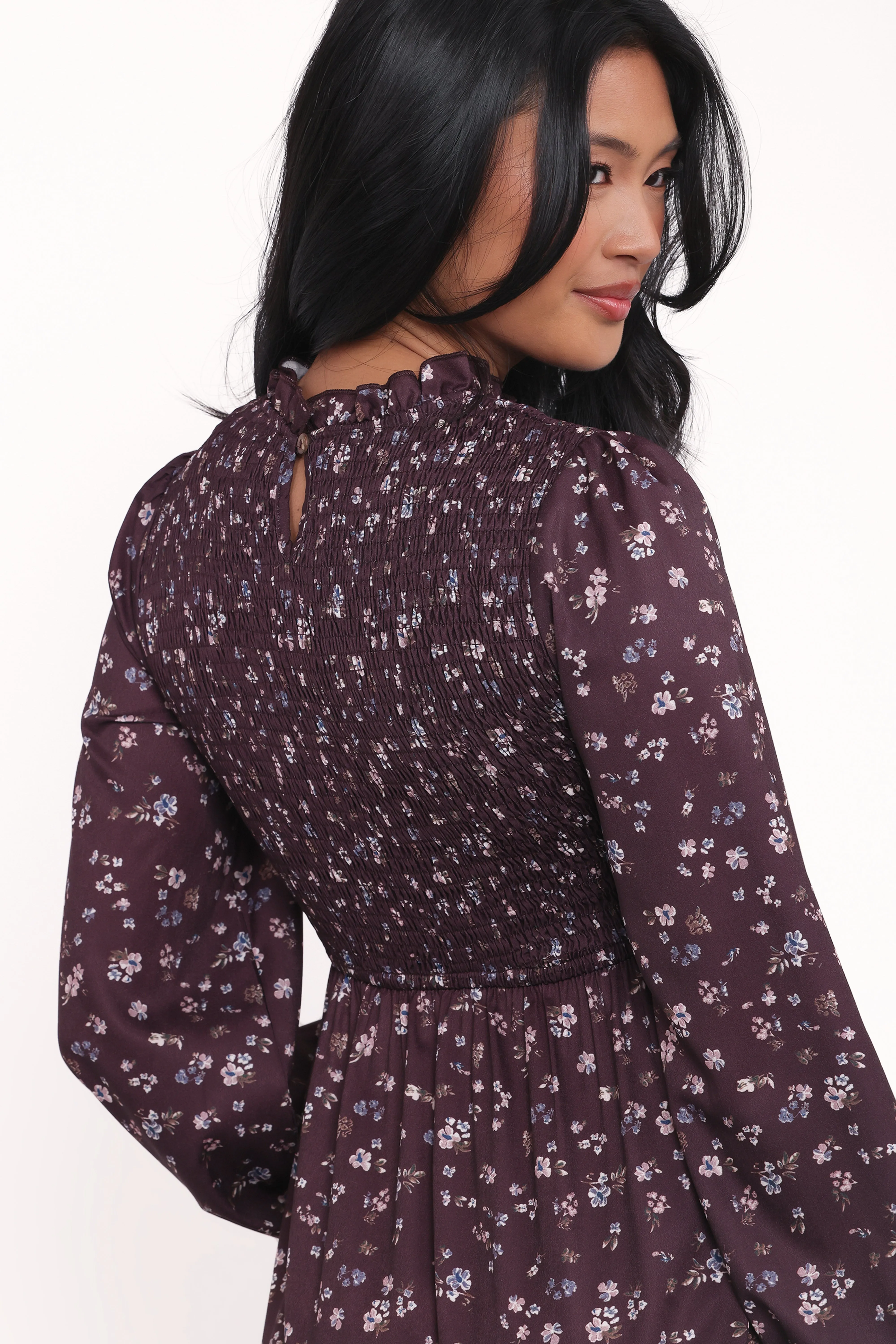 Edwina Shirred Frill Long Sleeve Midi Dress - Plum Floral sold by Petal & Pup product image thumbnail 5